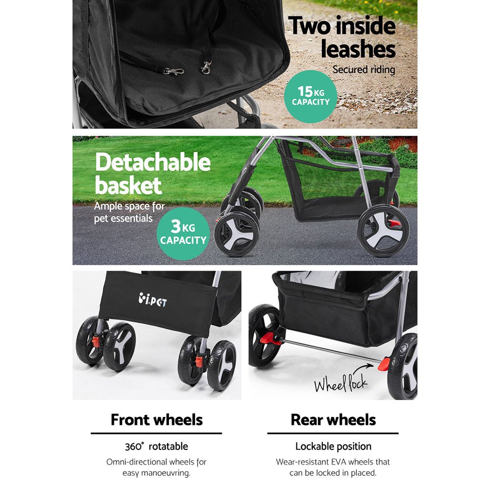 4 Wheel Pet Stroller - Black - Baby & Kids > Strollers > Strollers & Prams - Rivercity House & Home Co. (ABN 18 642 972 209) - Affordable Modern Furniture Australia