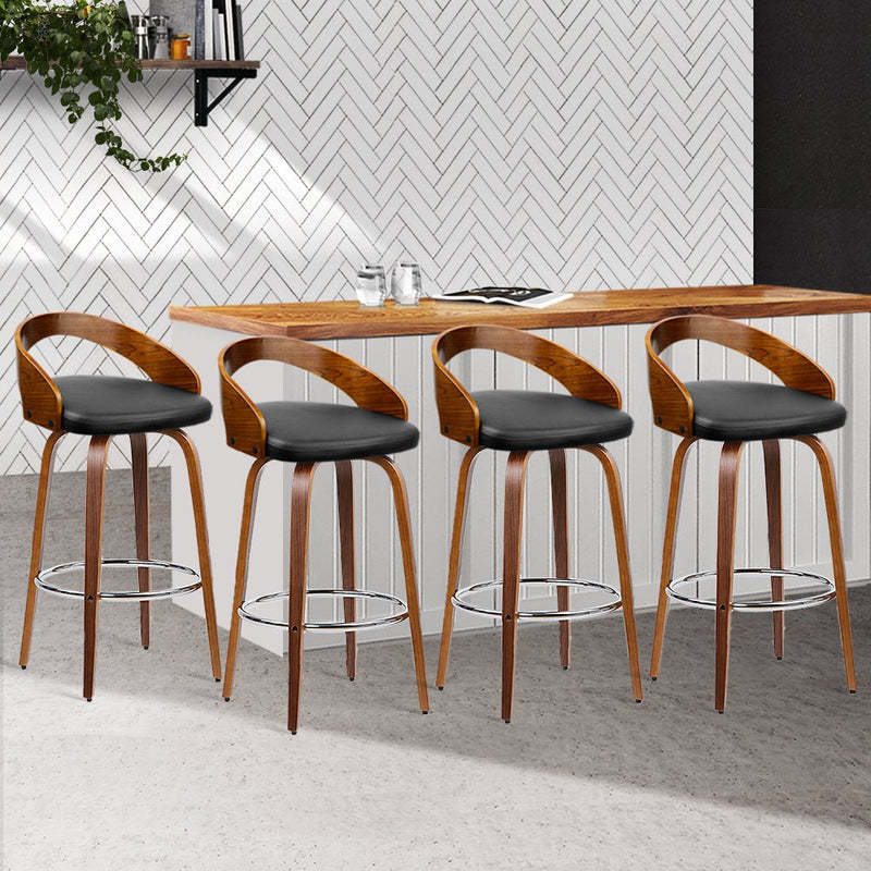 4 x Premium Wooden Bar Stools Walnut Wood & Black - Rivercity House & Home Co. (ABN 18 642 972 209) - Affordable Modern Furniture Australia