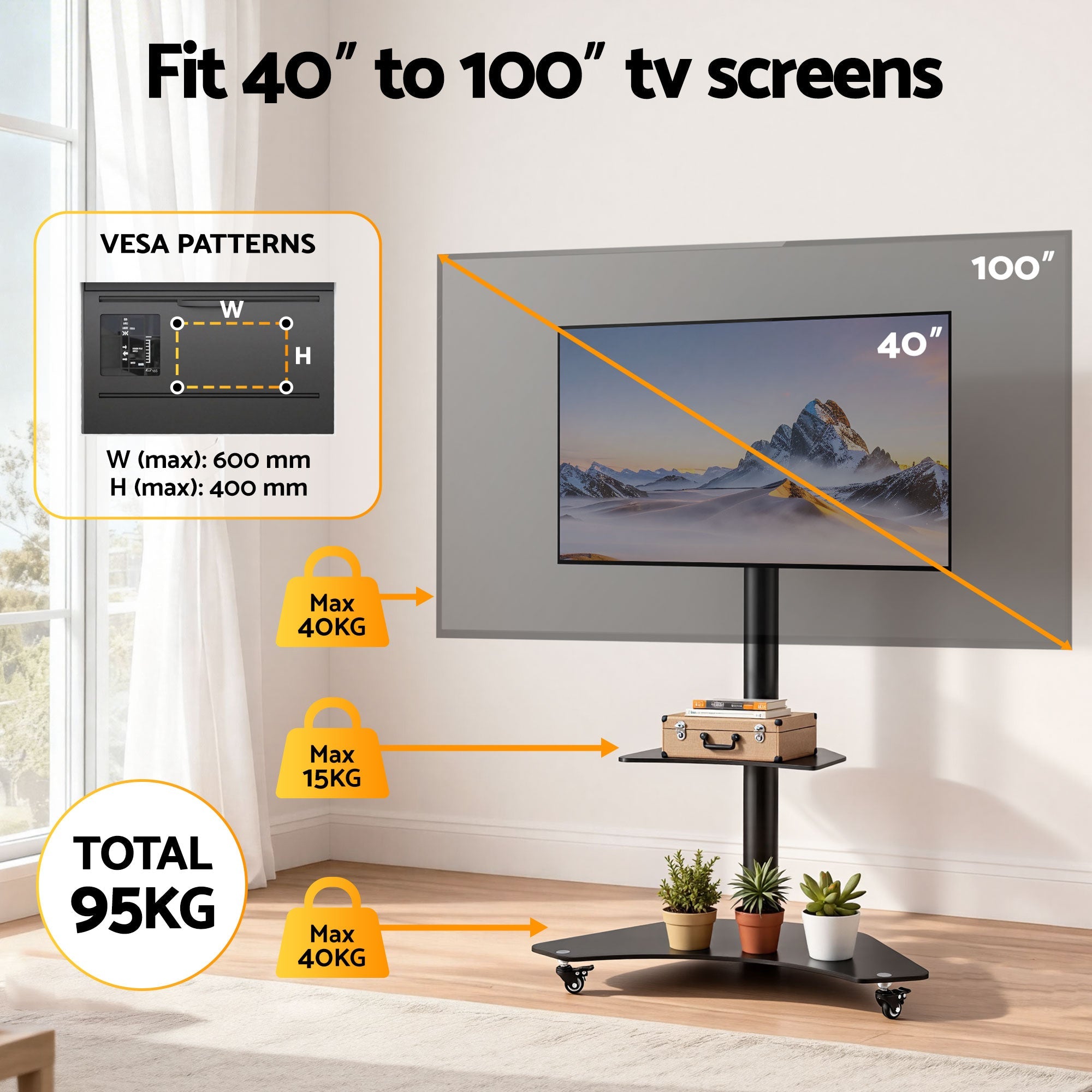 40 - 100" TV Stand Mount Bracket Universal Adjustable Height with Wheels - Furniture > Living Room > TV Units - Rivercity House & Home Co. (ABN 18 642 972 209) - Affordable Modern Furniture Australia