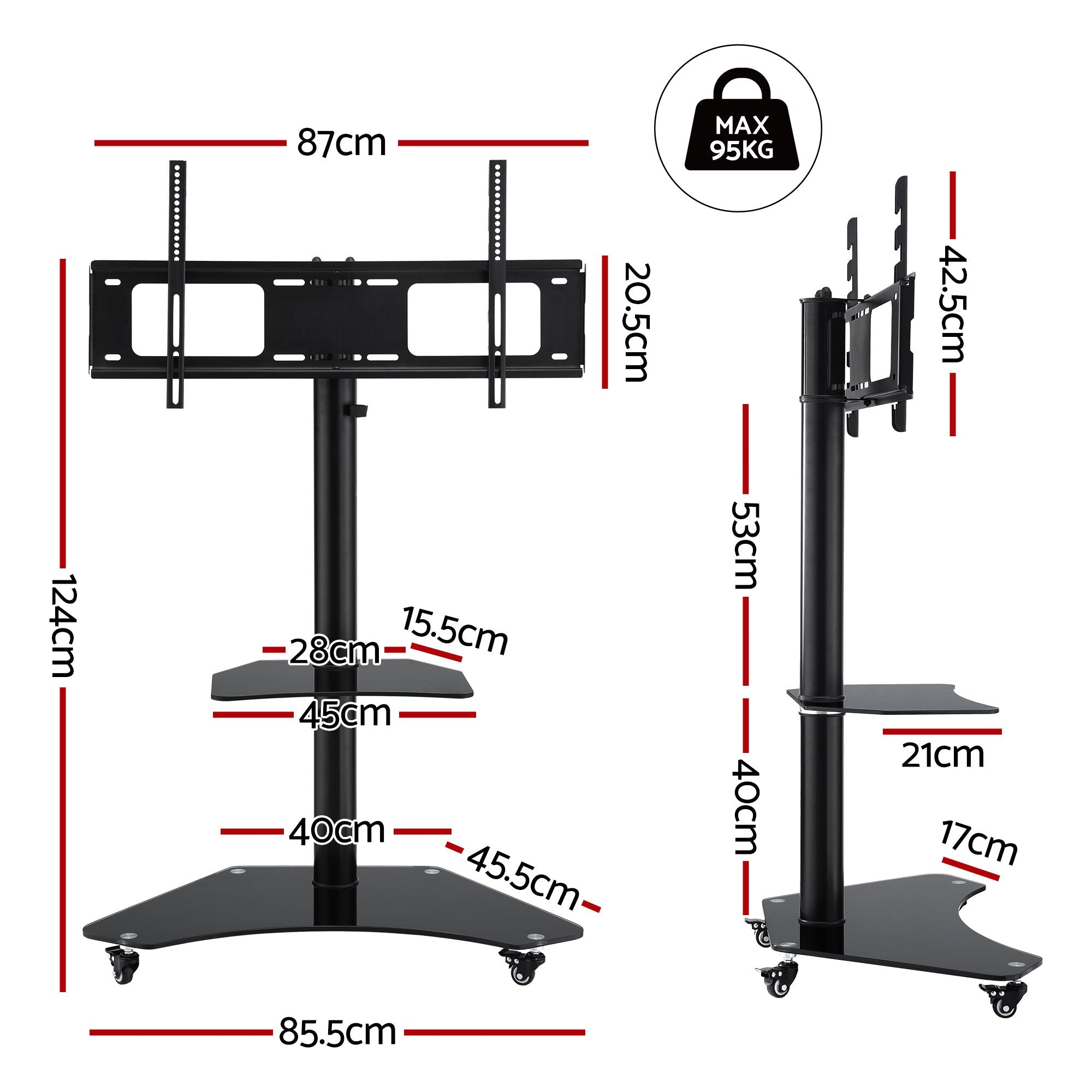 40 - 100" TV Stand Mount Bracket Universal Adjustable Height with Wheels - Furniture > Living Room > TV Units - Rivercity House & Home Co. (ABN 18 642 972 209) - Affordable Modern Furniture Australia