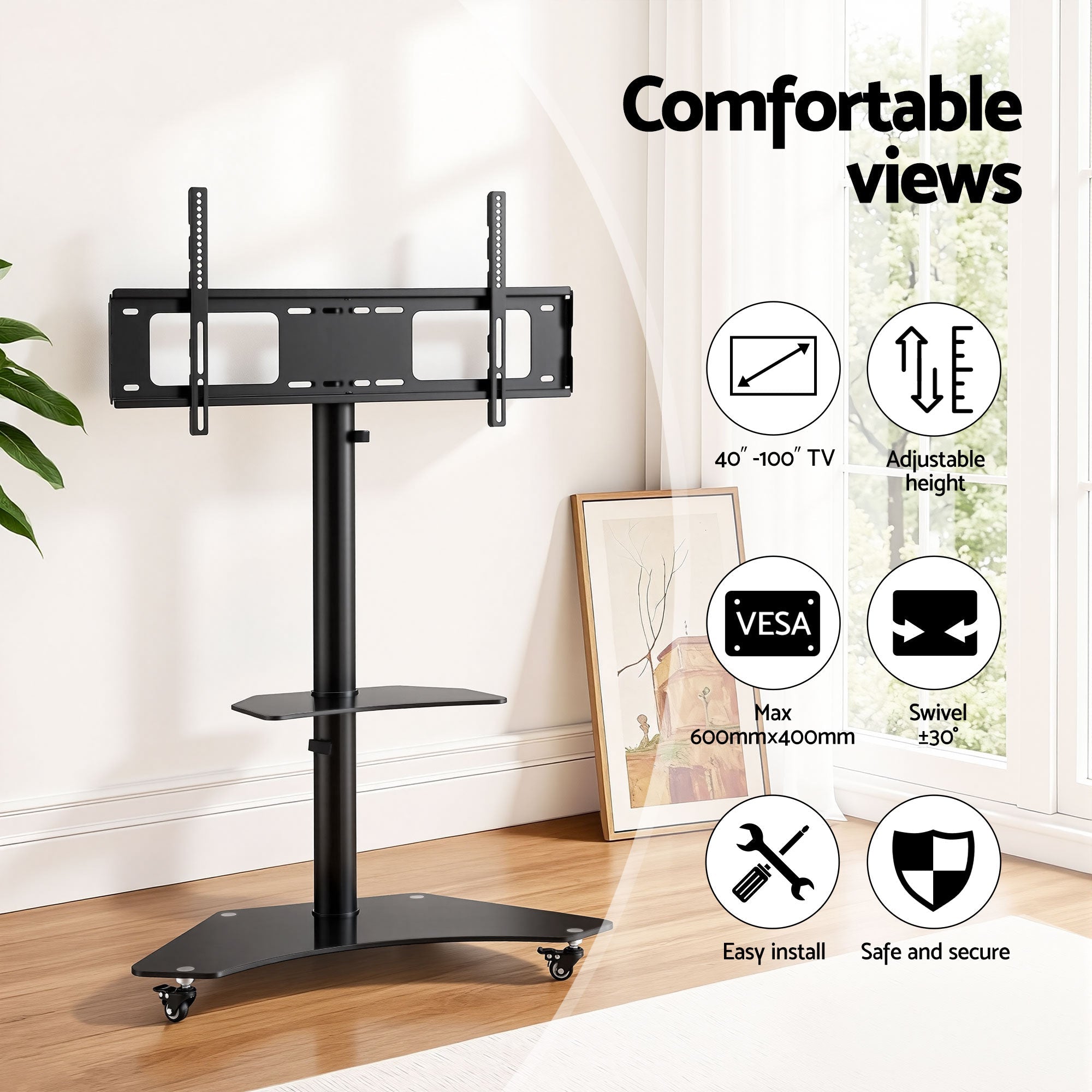 40 - 100" TV Stand Mount Bracket Universal Adjustable Height with Wheels - Furniture > Living Room > TV Units - Rivercity House & Home Co. (ABN 18 642 972 209) - Affordable Modern Furniture Australia