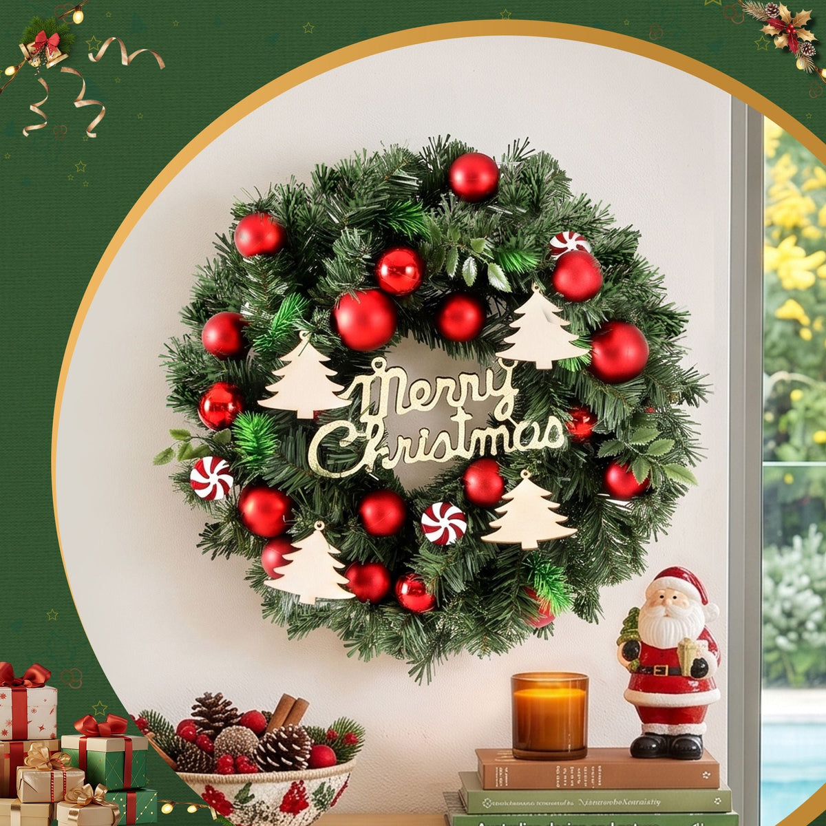 40CM Christmas Wreath Garland with Baubles and Ornaments - White LED - Occasions > Christmas > Christmas Wreaths & Garlands - Rivercity House & Home Co. (ABN 18 642 972 209) - Affordable Modern Furniture Australia