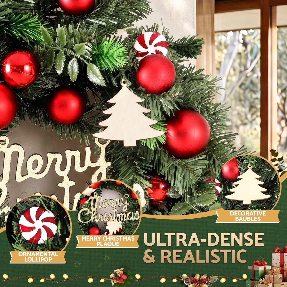 40CM Christmas Wreath Garland with Baubles and Ornaments - White LED - Occasions > Christmas > Christmas Wreaths & Garlands - Rivercity House & Home Co. (ABN 18 642 972 209) - Affordable Modern Furniture Australia