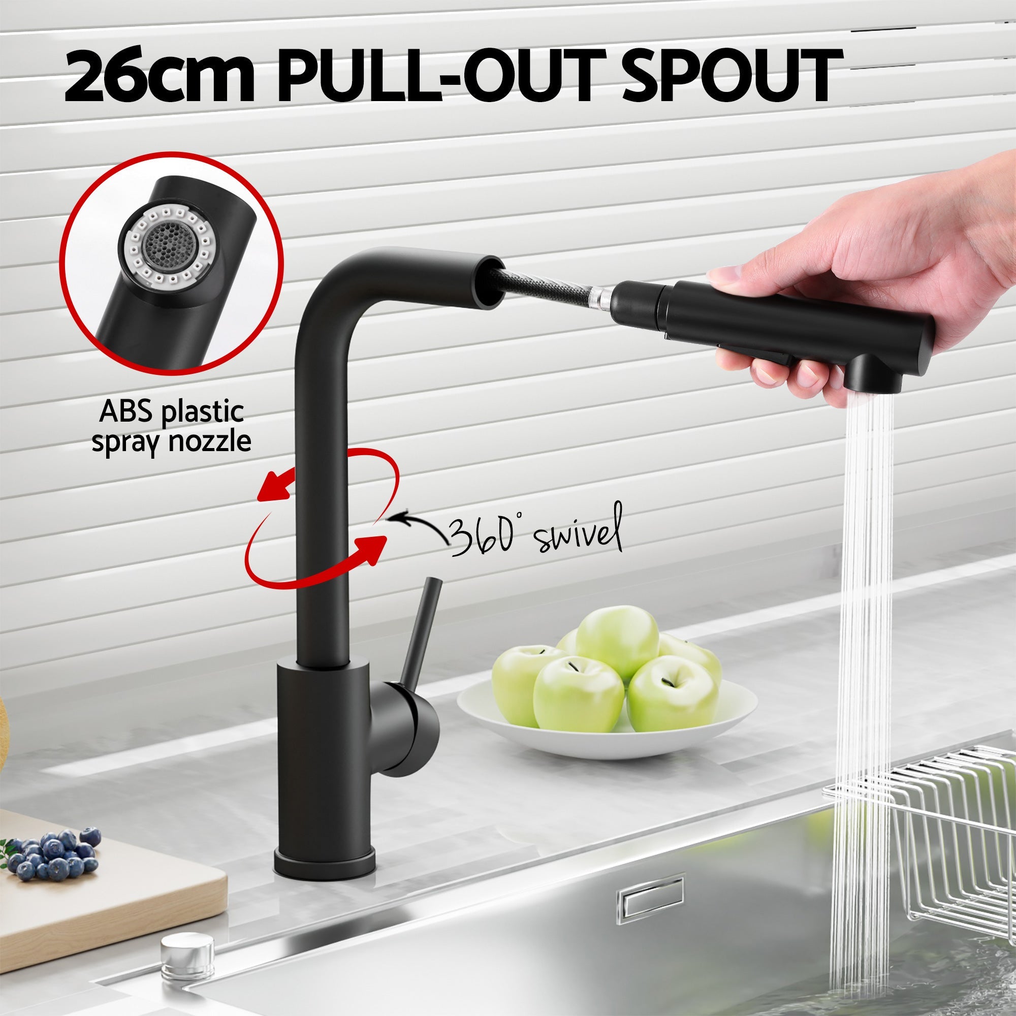 44x44cm Stainless Steel Single Bowl Kitchen Sink with Pull - Out Mixer Tap - Black - Furniture > Dining > Kitchen Sinks - Rivercity House & Home Co. (ABN 18 642 972 209) - Affordable Modern Furniture Australia