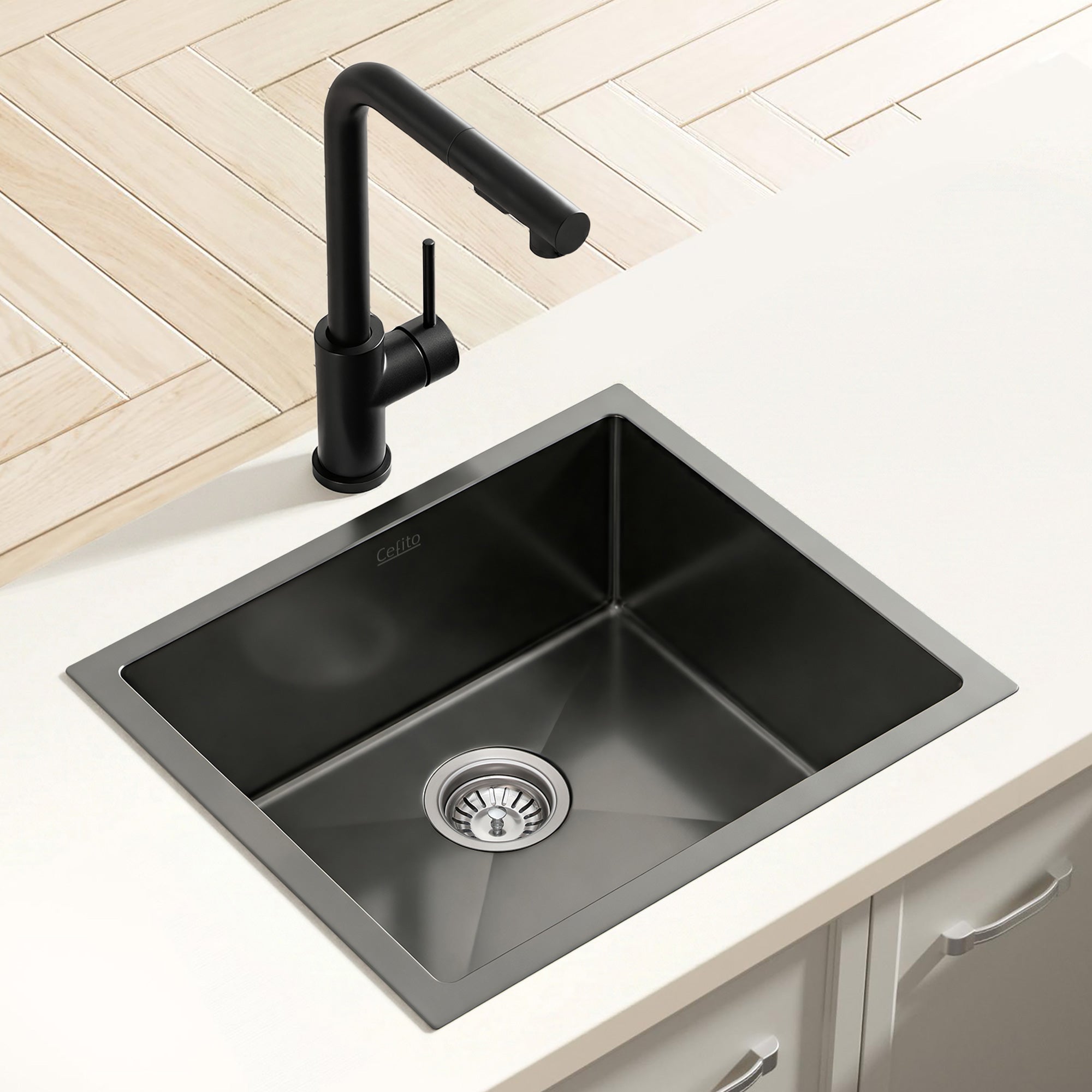 44x44cm Stainless Steel Single Bowl Kitchen Sink with Pull - Out Mixer Tap - Black - Furniture > Dining > Kitchen Sinks - Rivercity House & Home Co. (ABN 18 642 972 209) - Affordable Modern Furniture Australia