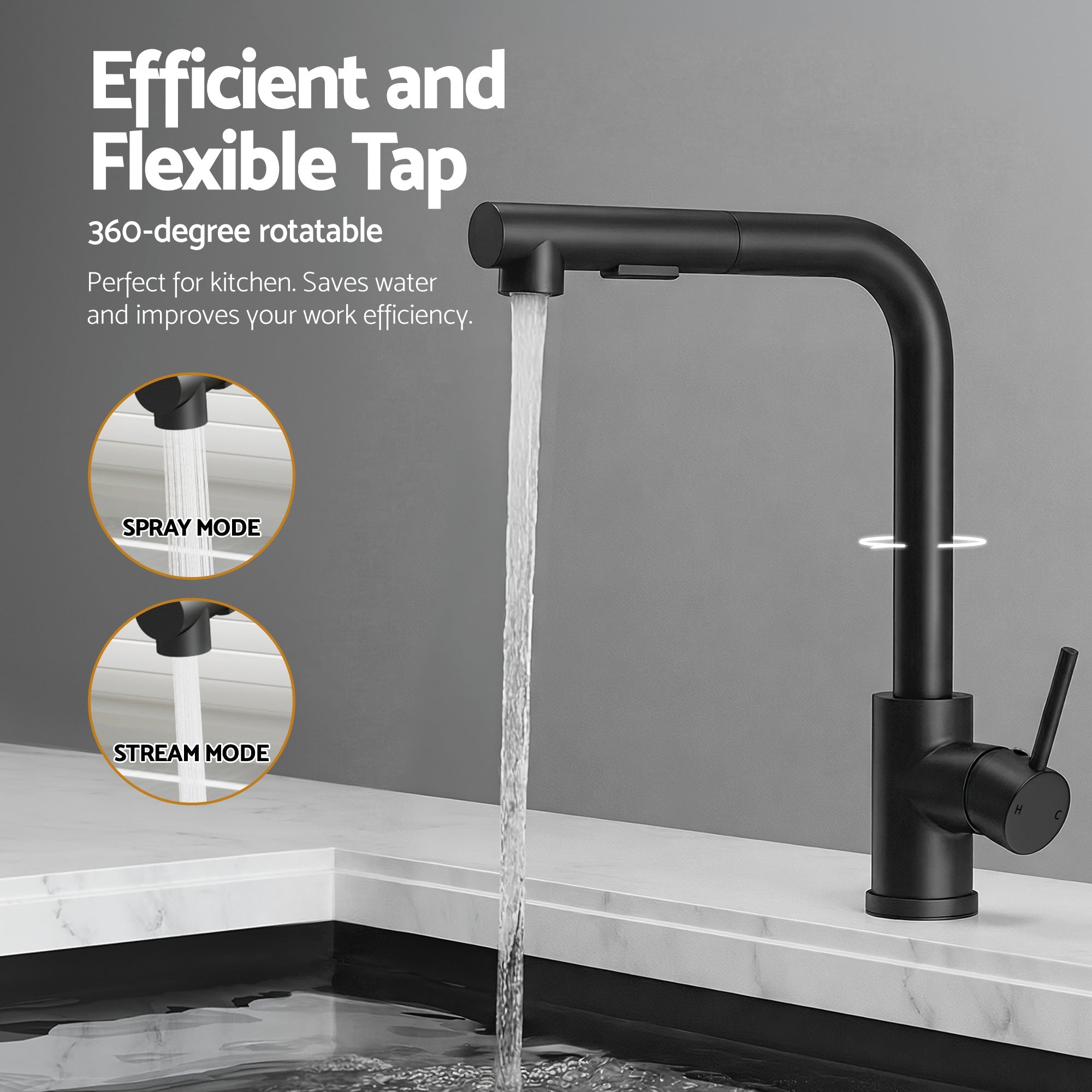 44x44cm Stainless Steel Single Bowl Kitchen Sink with Pull - Out Mixer Tap - Black - Furniture > Dining > Kitchen Sinks - Rivercity House & Home Co. (ABN 18 642 972 209) - Affordable Modern Furniture Australia
