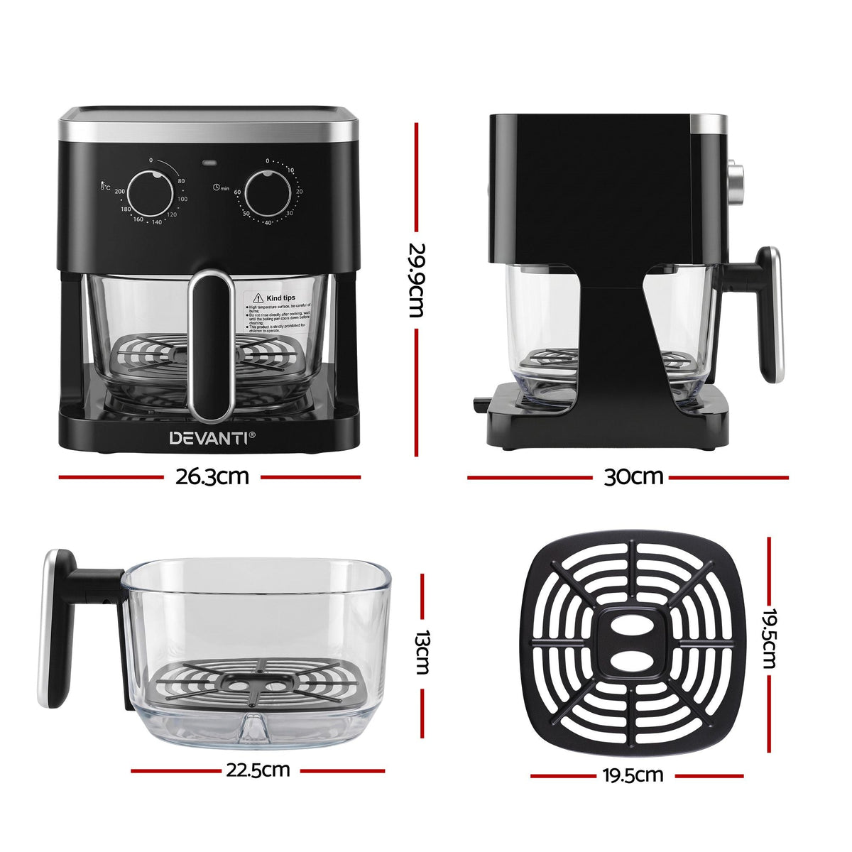 4.5L Glass Air Fryer Kitchen Oven Knob Control 1350W Healthy Cooker Black - Appliances > Kitchen Appliances > Air Fryers - Rivercity House & Home Co. (ABN 18 642 972 209) - Affordable Modern Furniture Australia