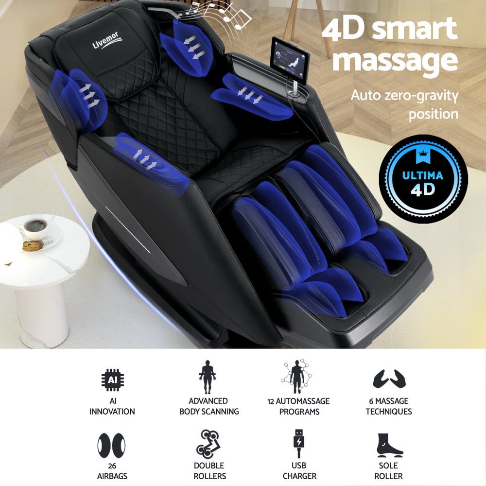 4D Massage Chair Electric Recliner Home Massager Black - Furniture > Bar Stools & Chairs > Massage Chairs - Rivercity House & Home Co. (ABN 18 642 972 209) - Affordable Modern Furniture Australia