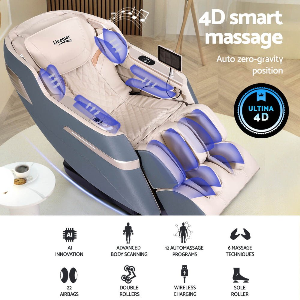 4D Massage Chair Electric Recliner Home Massager Gray Sina - Furniture > Bar Stools & Chairs > Massage Chairs - Rivercity House & Home Co. (ABN 18 642 972 209) - Affordable Modern Furniture Australia