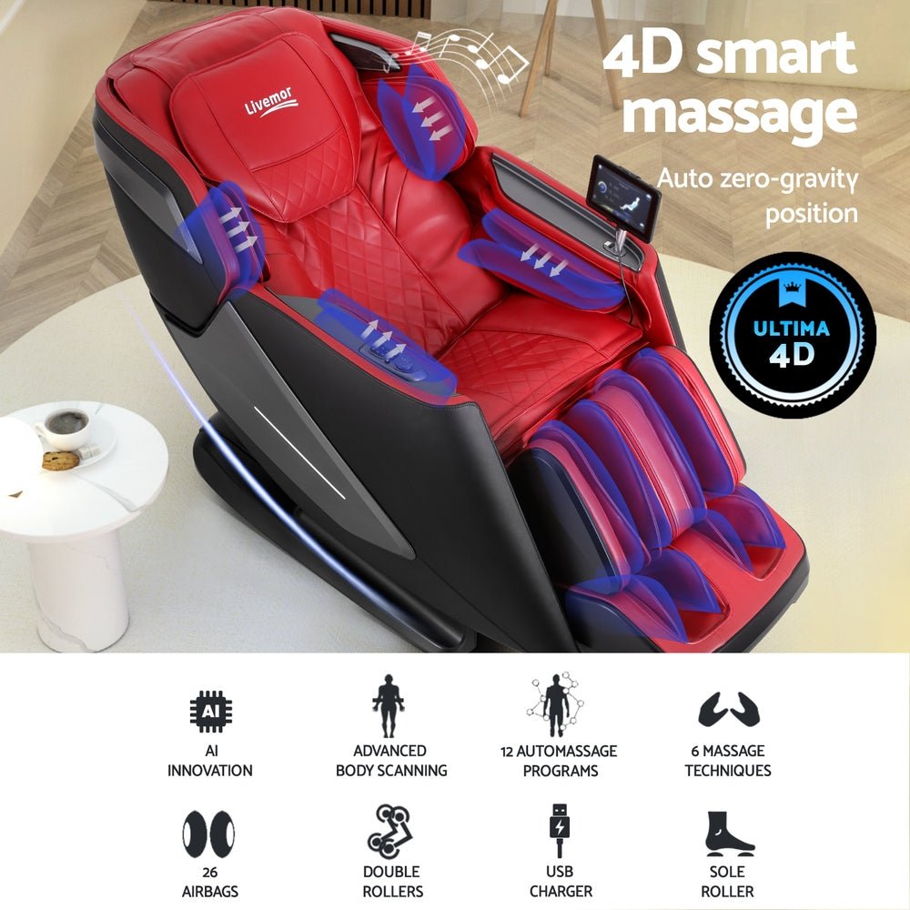 4D Massage Chair Electric Recliner Home Massager Red - Furniture > Bar Stools & Chairs > Massage Chairs - Rivercity House & Home Co. (ABN 18 642 972 209) - Affordable Modern Furniture Australia
