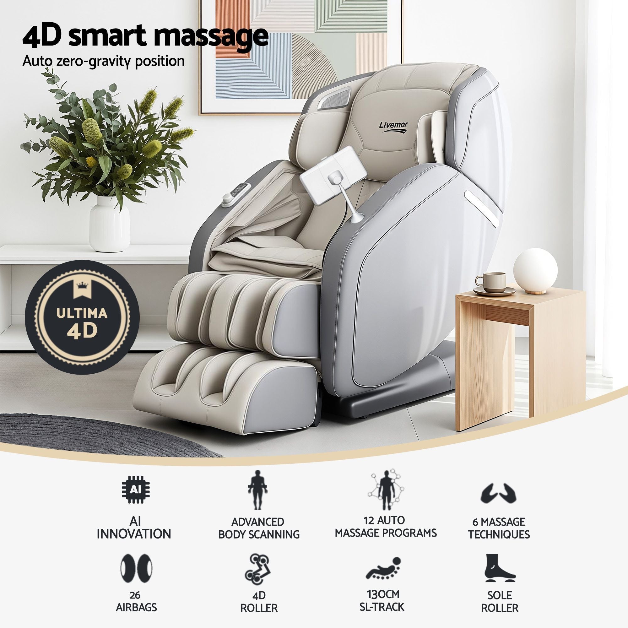 4D Massage Chair Recliner - Full Body SL - Track Zero Gravity with AI Body Scan, Deep Tissue Electric Massager with Heat, 12 Auto Programs, LCD Touchscreen & Bluetooth, Grey - Furniture > Bar Stools & Chairs > Massage Chairs - Rivercity House & Home Co. (ABN 18 642 972 209) - Affordable Modern Furniture Australia