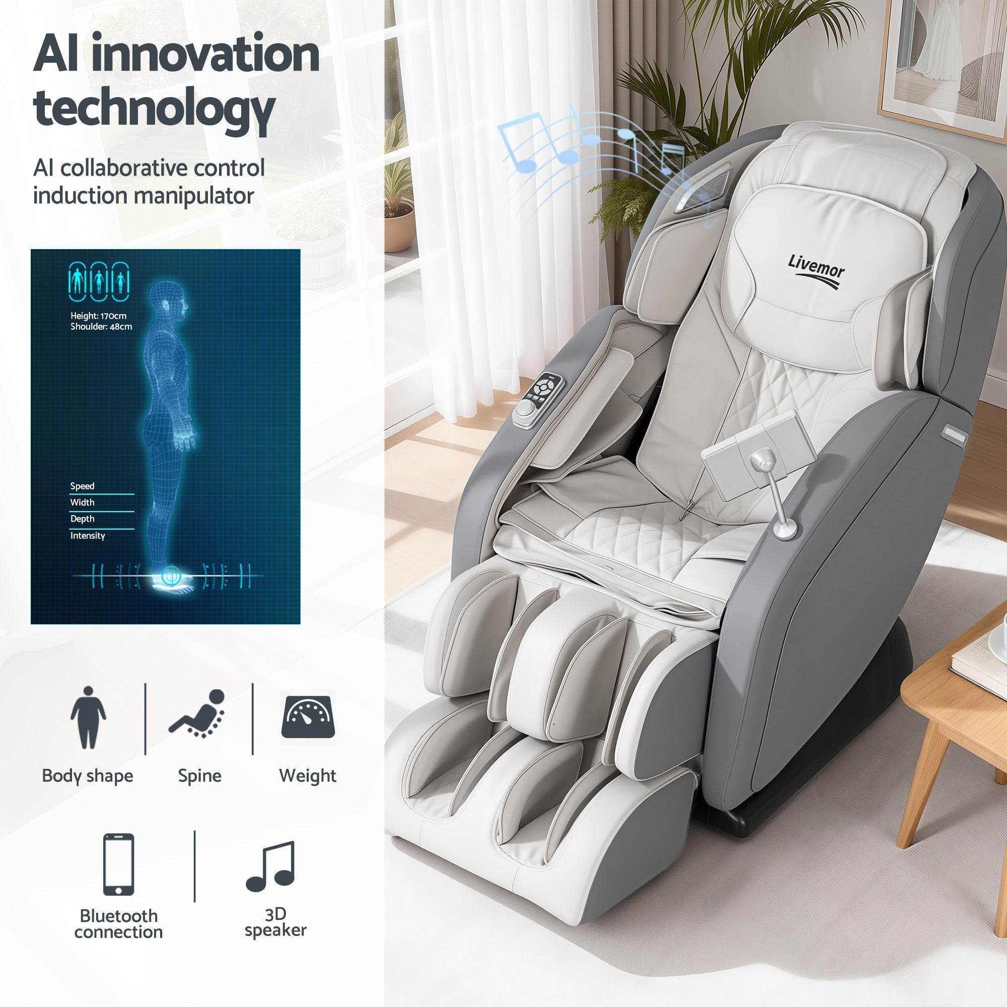 4D Massage Chair Recliner - Full Body SL - Track Zero Gravity with AI Body Scan, Deep Tissue Electric Massager with Heat, 12 Auto Programs, LCD Touchscreen & Bluetooth, Grey - Furniture > Bar Stools & Chairs > Massage Chairs - Rivercity House & Home Co. (ABN 18 642 972 209) - Affordable Modern Furniture Australia