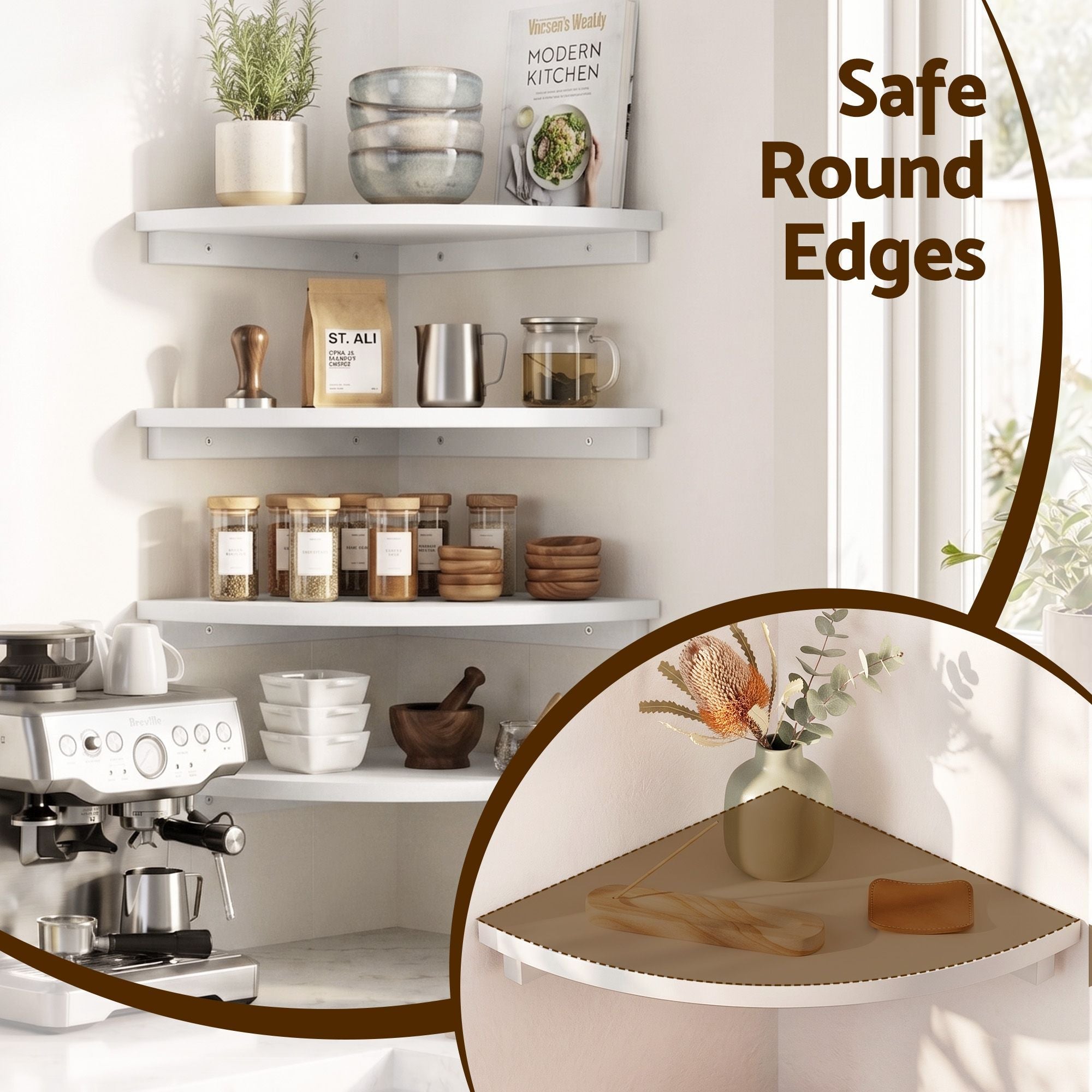 4pc Corner Floating Wall Shelf Wall Mounted Display Rack Round Edge White - Furniture > Living Room > Bookcases & Shelves - Rivercity House & Home Co. (ABN 18 642 972 209) - Affordable Modern Furniture Australia