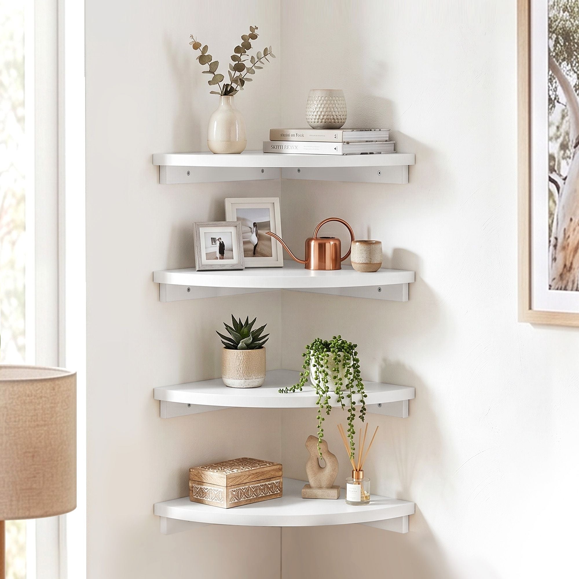 4pc Corner Floating Wall Shelf Wall Mounted Display Rack Round Edge White - Furniture > Living Room > Bookcases & Shelves - Rivercity House & Home Co. (ABN 18 642 972 209) - Affordable Modern Furniture Australia