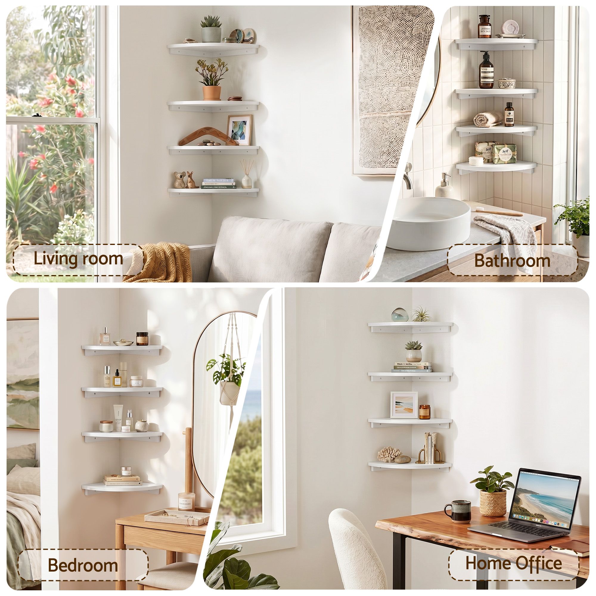 4pc Corner Floating Wall Shelf Wall Mounted Display Rack Round Edge White - Furniture > Living Room > Bookcases & Shelves - Rivercity House & Home Co. (ABN 18 642 972 209) - Affordable Modern Furniture Australia