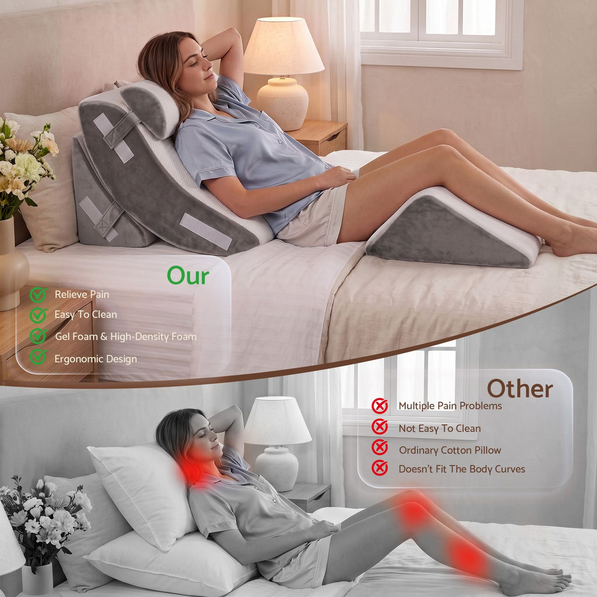 4PCS Orthopedic Bed Wedge Pillow Set with Anti-Slip Velcro System, 30D Gel Memory Foam Support for Acid Reflux and Leg Elevation - Home & Garden > Decor > Cushions & Throws - Rivercity House & Home Co. (ABN 18 642 972 209) - Affordable Modern Furniture Australia