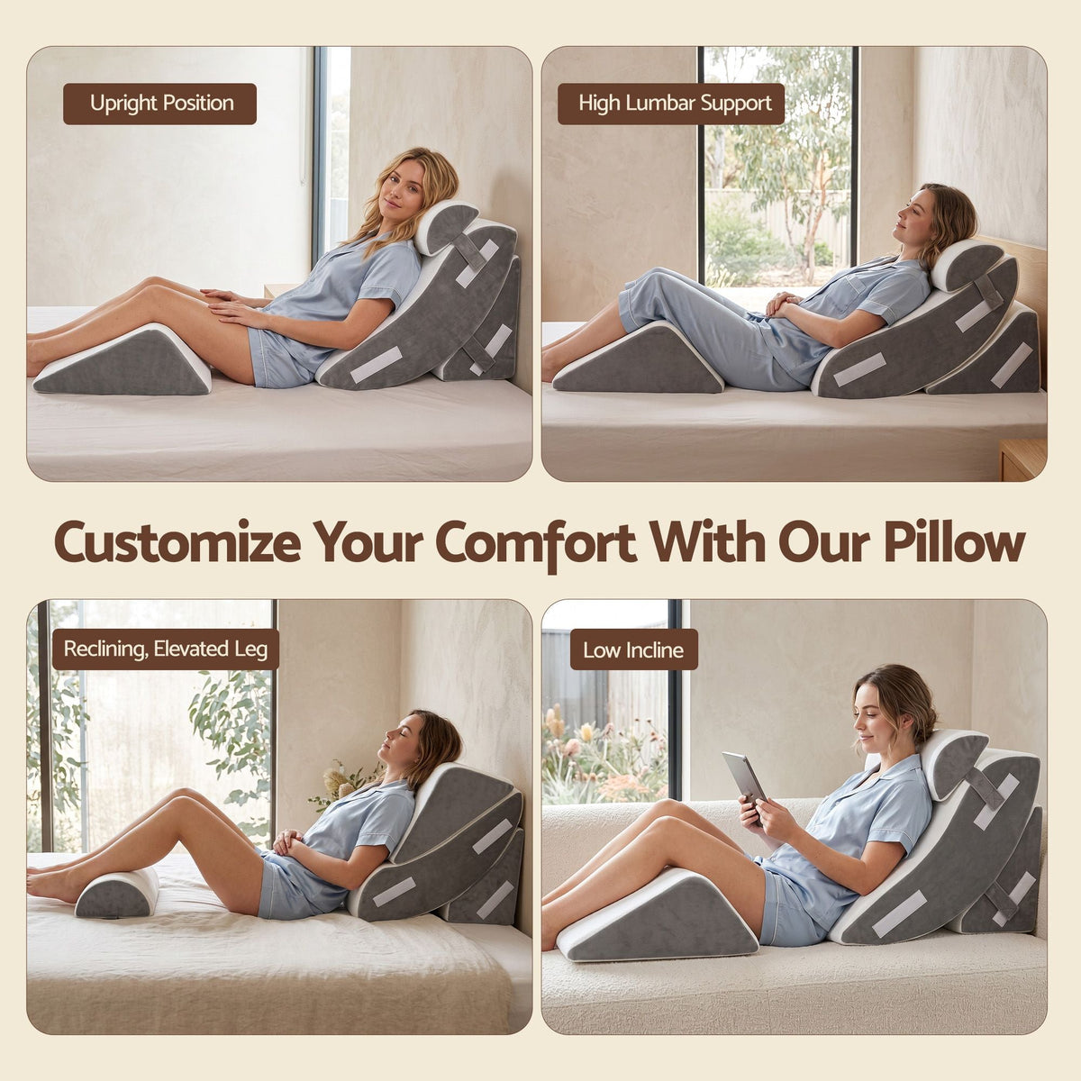 4PCS Orthopedic Bed Wedge Pillow Set with Anti-Slip Velcro System, 30D Gel Memory Foam Support for Acid Reflux and Leg Elevation - Home & Garden > Decor > Cushions & Throws - Rivercity House & Home Co. (ABN 18 642 972 209) - Affordable Modern Furniture Australia