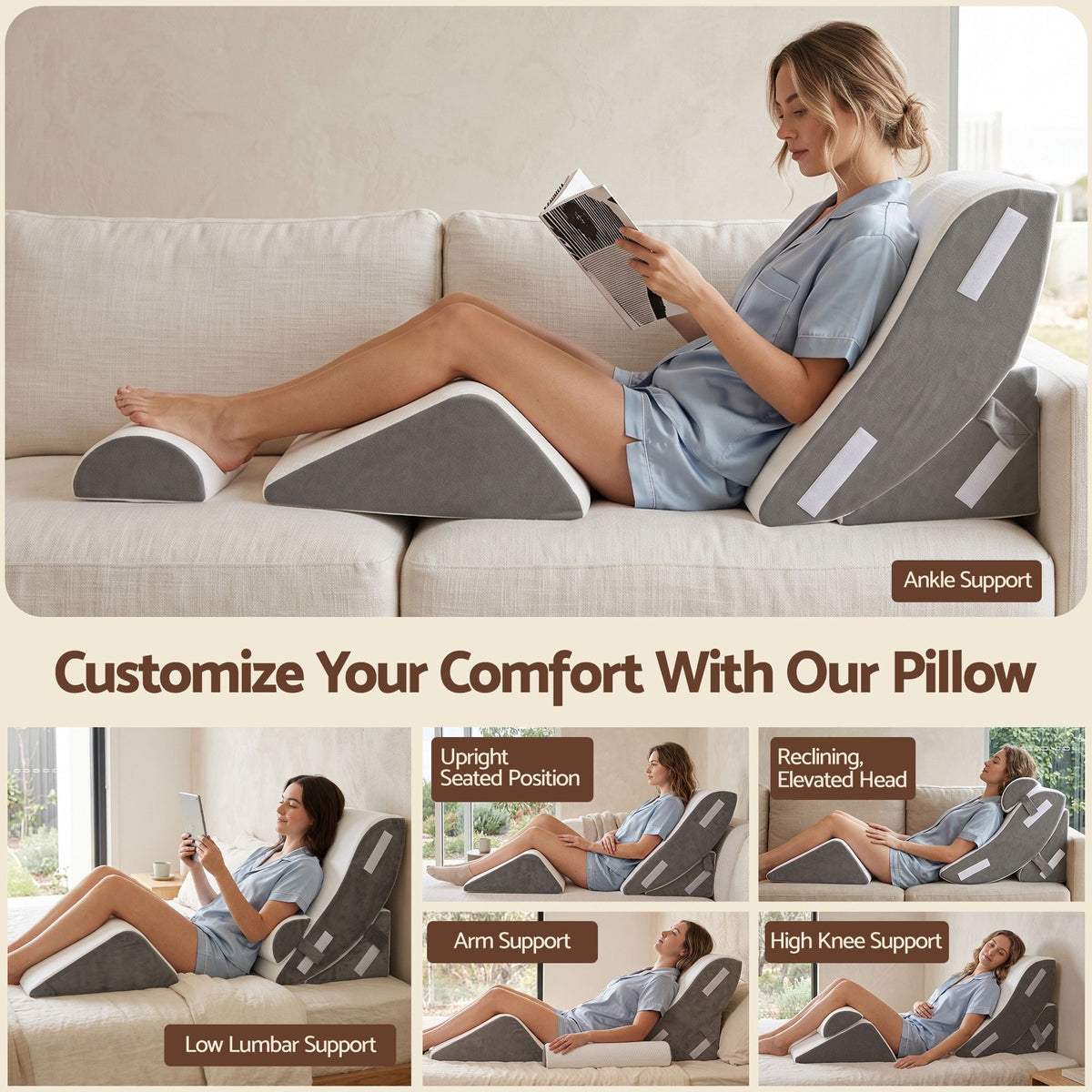 4PCS Orthopedic Bed Wedge Pillow Set with Anti-Slip Velcro System, 30D Gel Memory Foam Support for Acid Reflux and Leg Elevation - Home & Garden > Decor > Cushions & Throws - Rivercity House & Home Co. (ABN 18 642 972 209) - Affordable Modern Furniture Australia