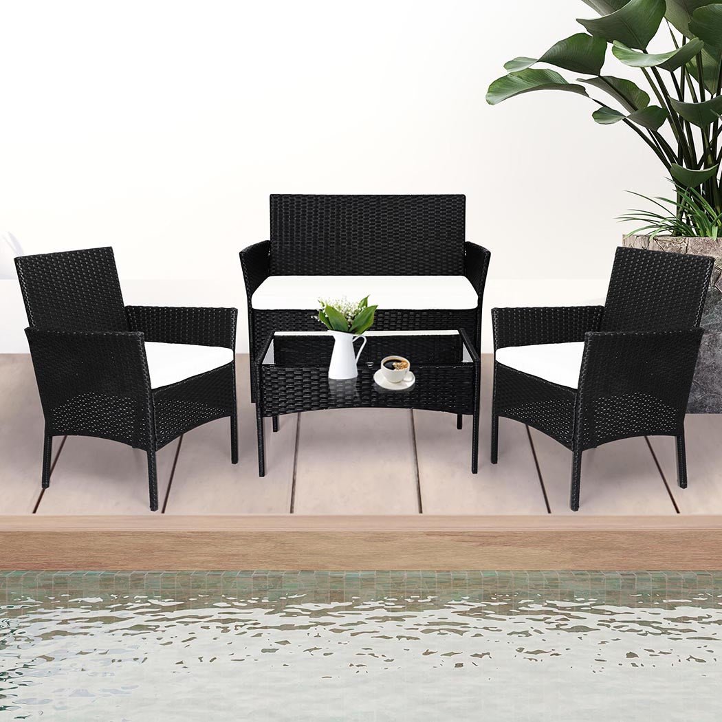 4PCS Outdoor Furniture Set with Cushions and Tempered Glass Tabletop - Black - Rivercity House & Home Co. (ABN 18 642 972 209) - Affordable Modern Furniture Australia