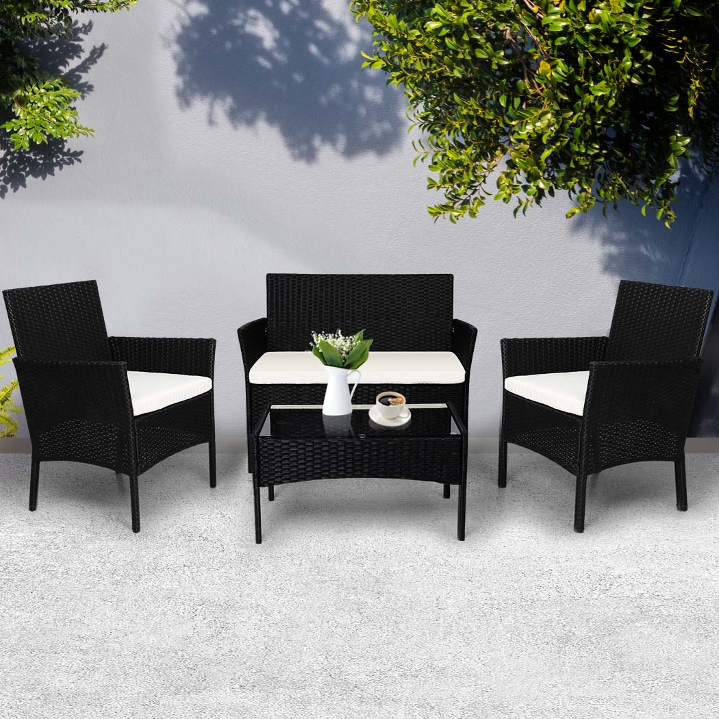 4PCS Outdoor Furniture Set with Cushions and Tempered Glass Tabletop - Black - Rivercity House & Home Co. (ABN 18 642 972 209) - Affordable Modern Furniture Australia