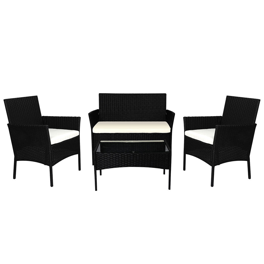 4PCS Outdoor Furniture Set with Cushions and Tempered Glass Tabletop - Black - Rivercity House & Home Co. (ABN 18 642 972 209) - Affordable Modern Furniture Australia
