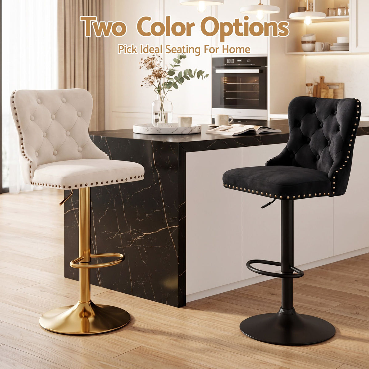 4x Adjustable Velvet Bar Stools with Nailhead Trim - Ivory - Furniture > Bar Stools & Chairs > Table & Bar Stools - Rivercity House & Home Co. (ABN 18 642 972 209) - Affordable Modern Furniture Australia