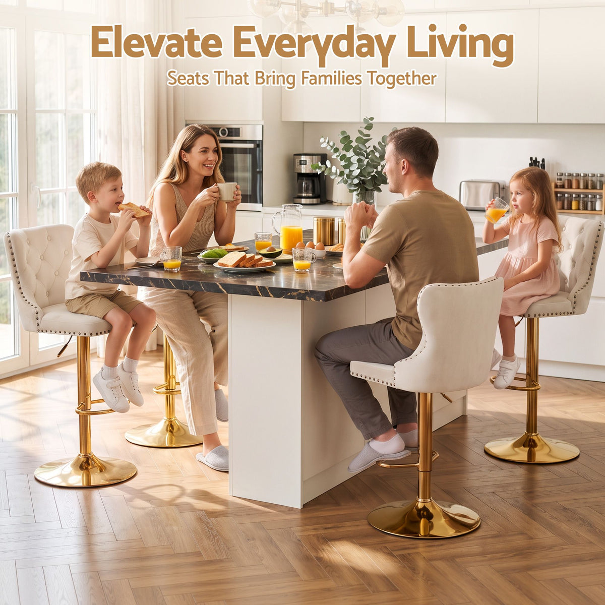 4x Adjustable Velvet Bar Stools with Nailhead Trim - Ivory - Furniture > Bar Stools & Chairs > Table & Bar Stools - Rivercity House & Home Co. (ABN 18 642 972 209) - Affordable Modern Furniture Australia