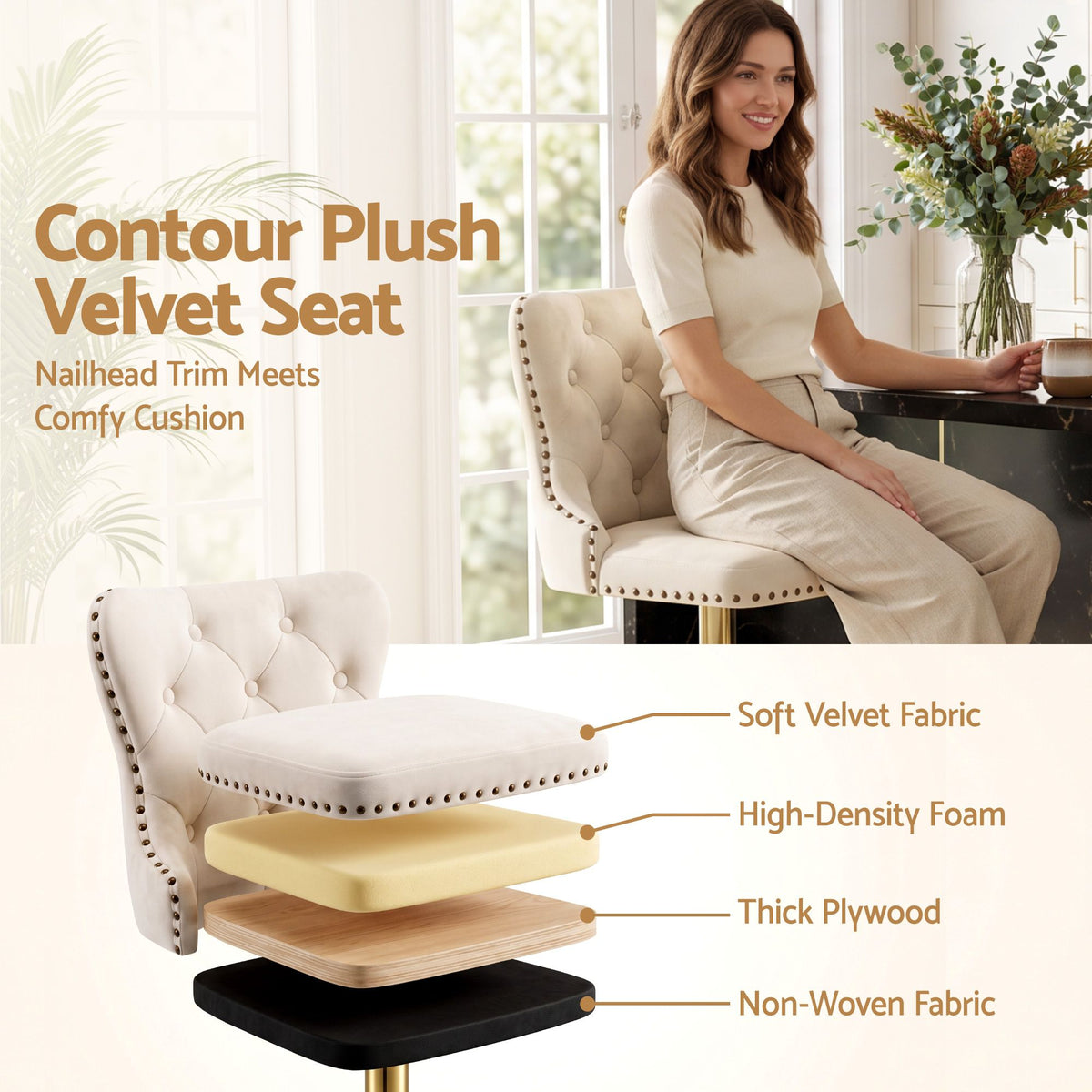 4x Adjustable Velvet Bar Stools with Nailhead Trim - Ivory - Furniture > Bar Stools & Chairs > Table & Bar Stools - Rivercity House & Home Co. (ABN 18 642 972 209) - Affordable Modern Furniture Australia