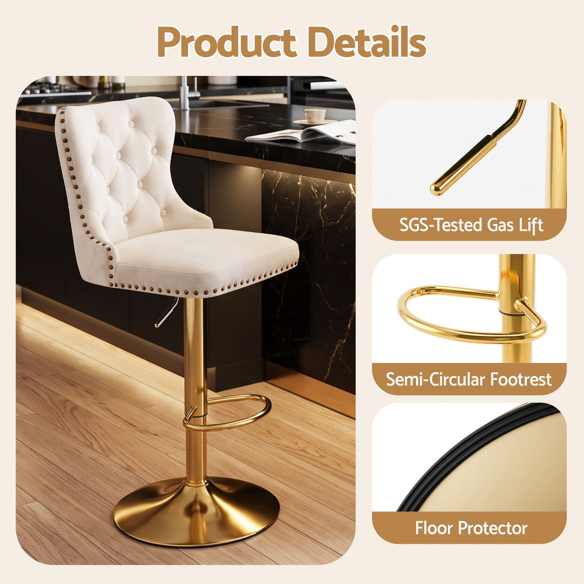 4x Adjustable Velvet Bar Stools with Nailhead Trim - Ivory - Furniture > Bar Stools & Chairs > Table & Bar Stools - Rivercity House & Home Co. (ABN 18 642 972 209) - Affordable Modern Furniture Australia