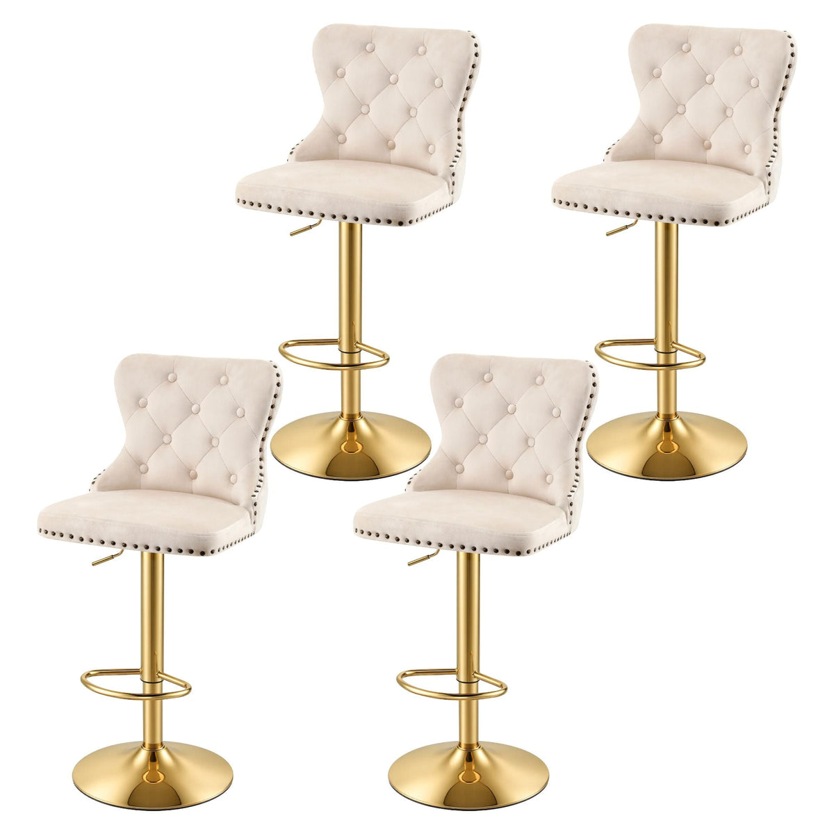 4x Adjustable Velvet Bar Stools with Nailhead Trim - Ivory - Furniture > Bar Stools & Chairs > Table & Bar Stools - Rivercity House & Home Co. (ABN 18 642 972 209) - Affordable Modern Furniture Australia