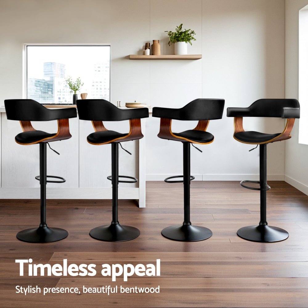 4x Bar Stools Gas Lift Leather w/Armrest All Black - Furniture > Bar Stools & Chairs > Table & Bar Stools - Rivercity House & Home Co. (ABN 18 642 972 209) - Affordable Modern Furniture Australia