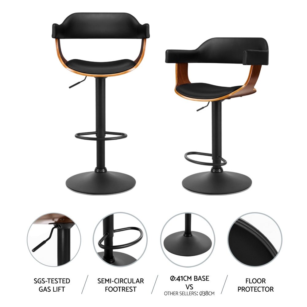 4x Bar Stools Gas Lift Leather w/Armrest All Black - Furniture > Bar Stools & Chairs > Table & Bar Stools - Rivercity House & Home Co. (ABN 18 642 972 209) - Affordable Modern Furniture Australia