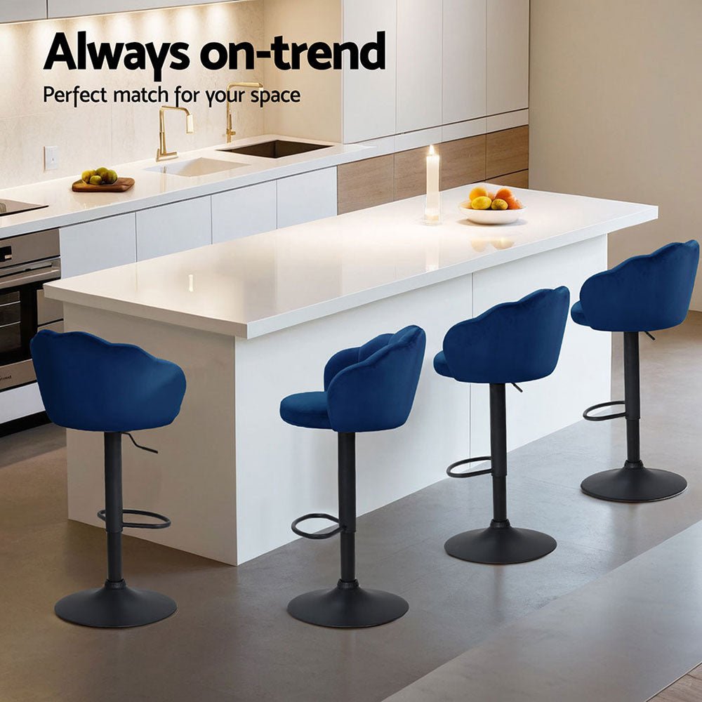 4x Bar Stools Gas Lift Velvet Blue - Furniture > Bar Stools & Chairs > Table & Bar Stools - Rivercity House & Home Co. (ABN 18 642 972 209) - Affordable Modern Furniture Australia