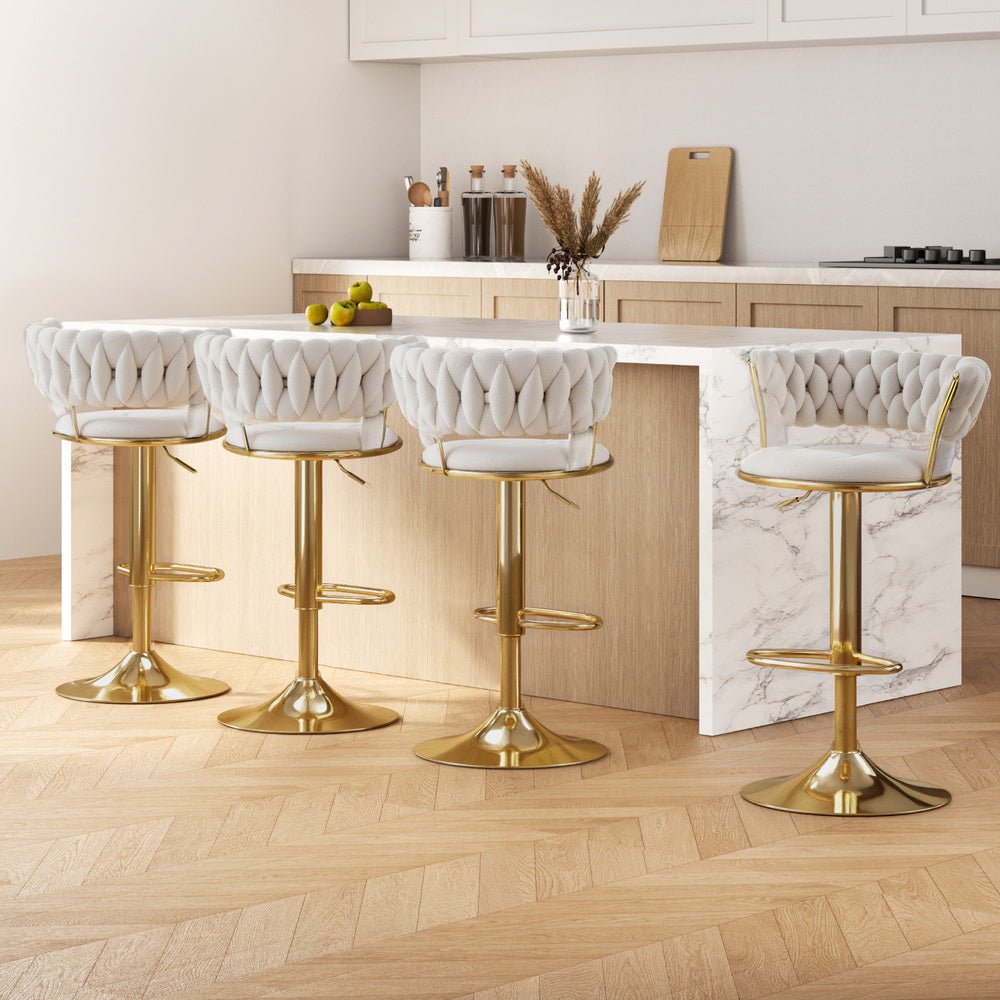 4x Bar Stools Gas Lift Velvet Woven Backrest Ivory - Furniture > Bar Stools & Chairs > Table & Bar Stools - Rivercity House & Home Co. (ABN 18 642 972 209) - Affordable Modern Furniture Australia