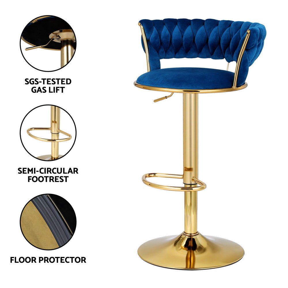 4x Bar Stools Gas Lift Velvet Woven Backrest Navy - Furniture > Bar Stools & Chairs > Table & Bar Stools - Rivercity House & Home Co. (ABN 18 642 972 209) - Affordable Modern Furniture Australia
