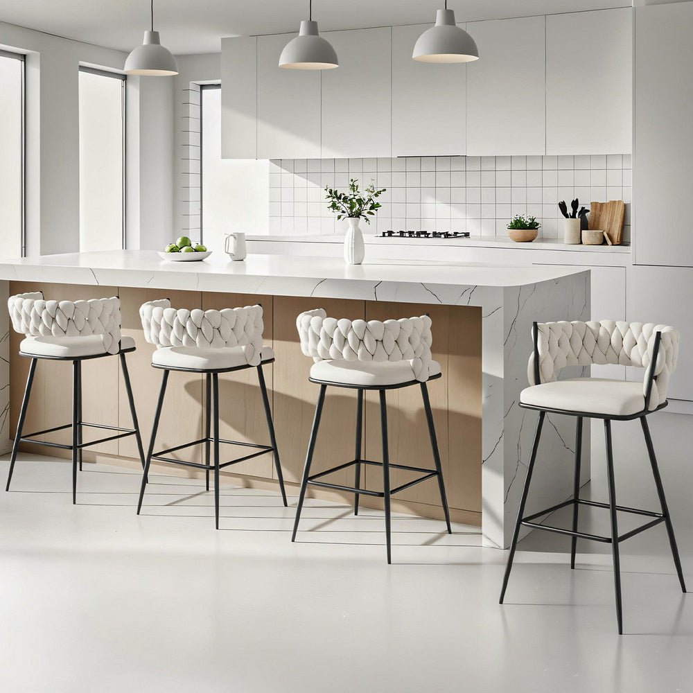 4x Bar Stools Kitchen Dining Chair Counter Stool Woven Velvet Metal Ivory - Furniture > Bar Stools & Chairs > Table & Bar Stools - Rivercity House & Home Co. (ABN 18 642 972 209) - Affordable Modern Furniture Australia
