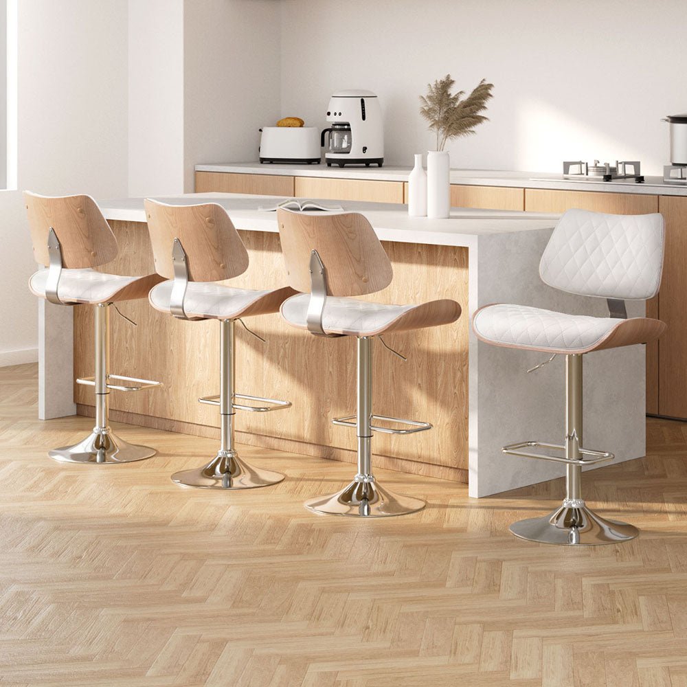 4x Bar Stools Kitchen Dining Chairs Gas Lift Stool Wooden Leather White - Furniture > Bar Stools & Chairs > Table & Bar Stools - Rivercity House & Home Co. (ABN 18 642 972 209) - Affordable Modern Furniture Australia