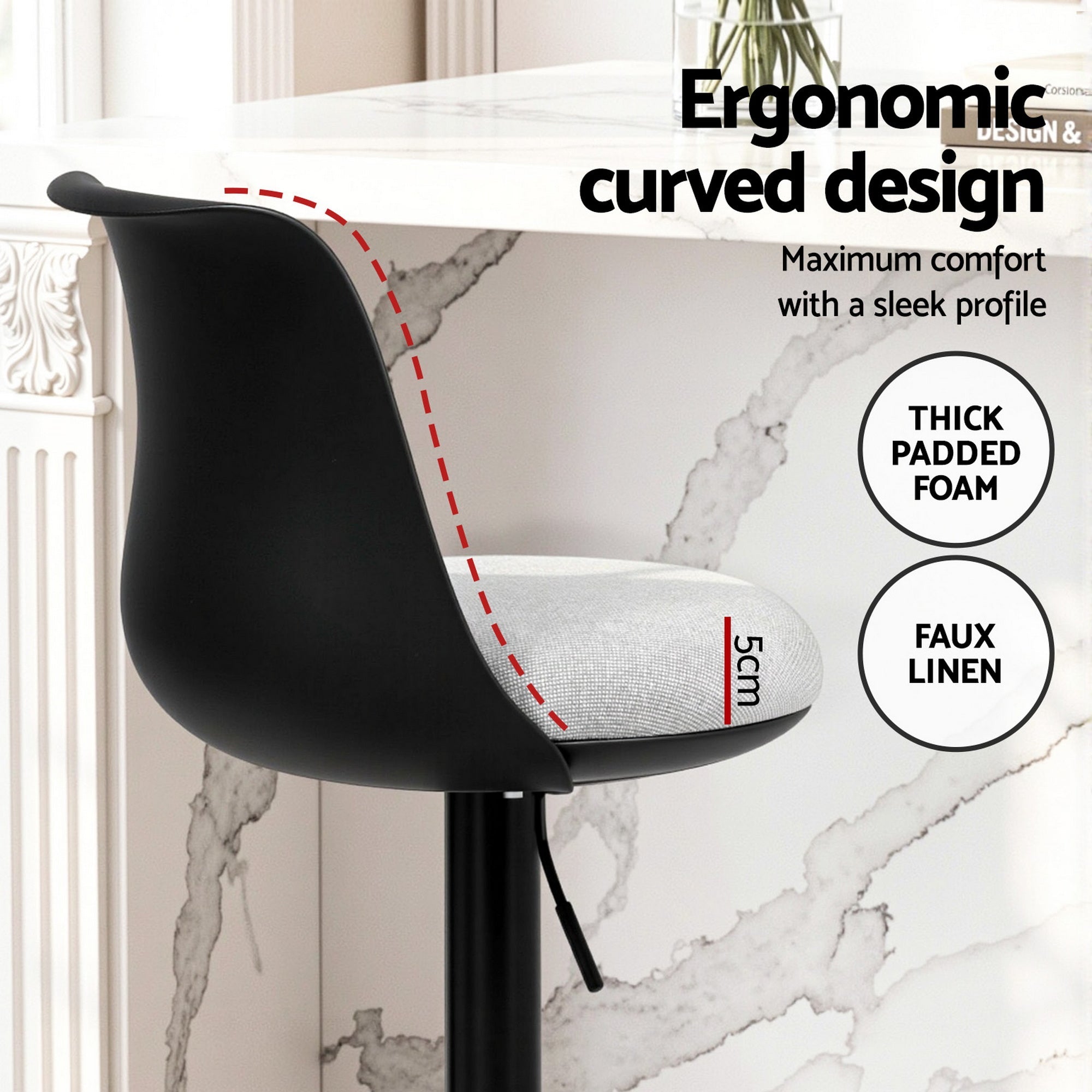 4x Bar Stools Kitchen Swivel Gas Lift Counter Dining Chair Curved Black - Furniture > Bar Stools & Chairs > Table & Bar Stools - Rivercity House & Home Co. (ABN 18 642 972 209) - Affordable Modern Furniture Australia