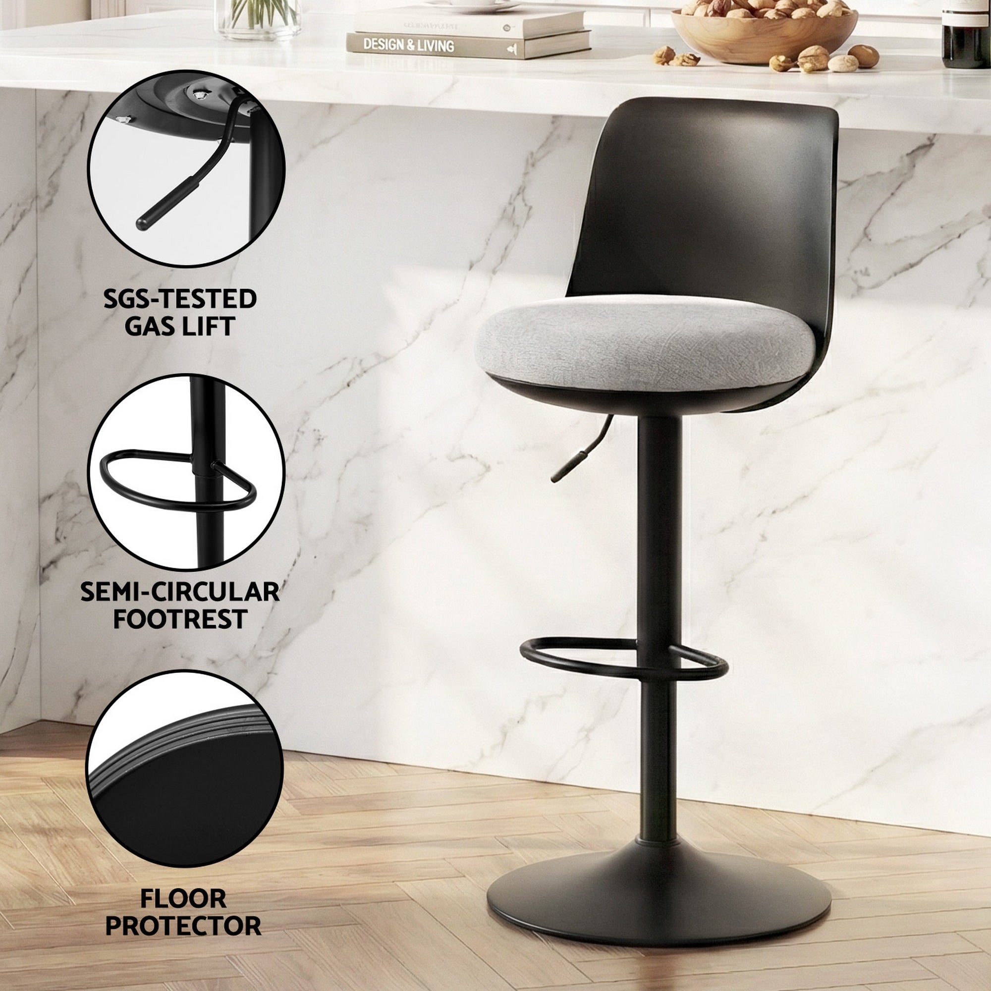4x Bar Stools Kitchen Swivel Gas Lift Counter Dining Chair Curved Black - Furniture > Bar Stools & Chairs > Table & Bar Stools - Rivercity House & Home Co. (ABN 18 642 972 209) - Affordable Modern Furniture Australia