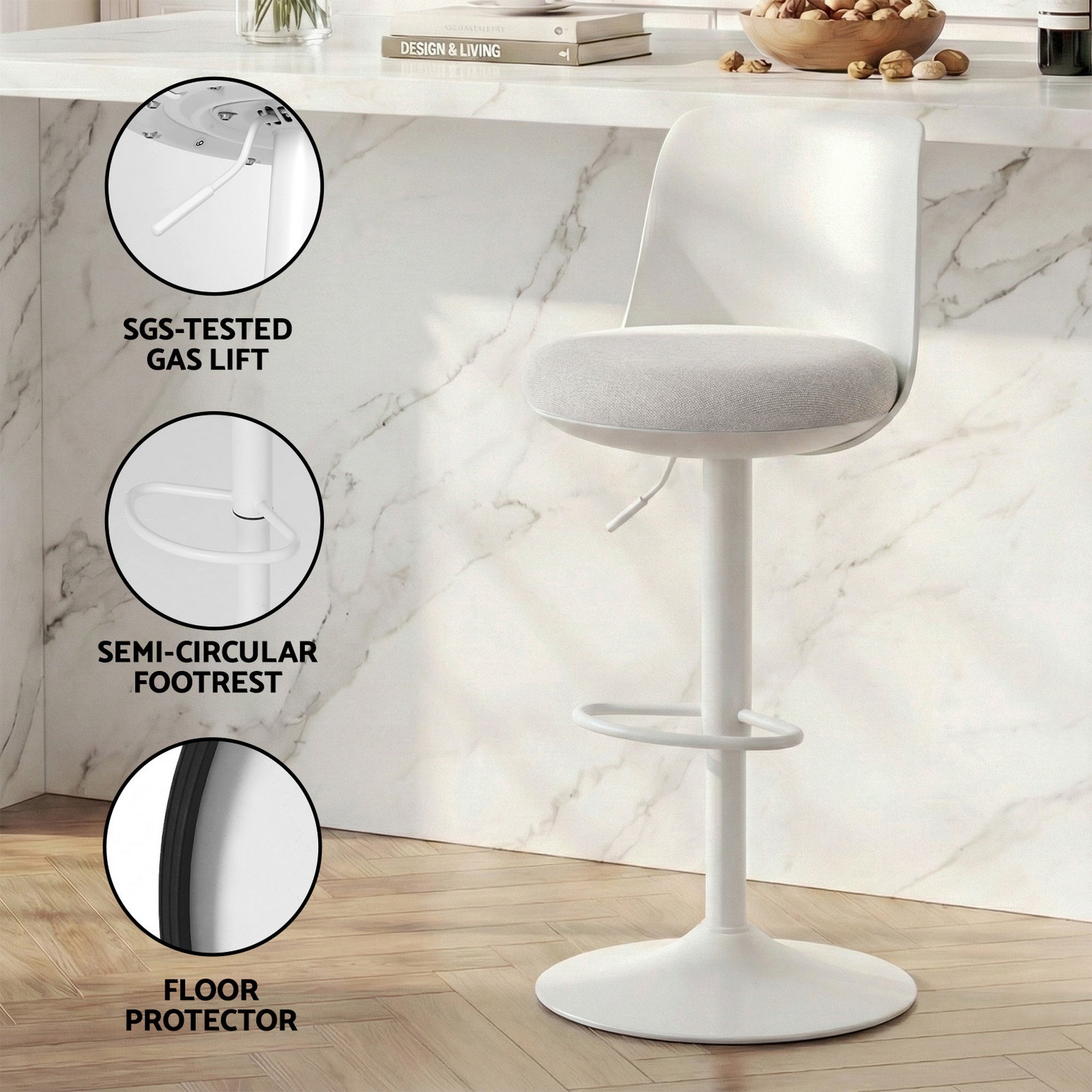 4x Bar Stools Kitchen Swivel Gas Lift Counter Dining Chair Curved White - Furniture > Bar Stools & Chairs > Table & Bar Stools - Rivercity House & Home Co. (ABN 18 642 972 209) - Affordable Modern Furniture Australia