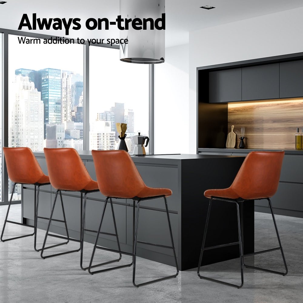 4x Bar Stools Leather Padded Metal Legs Brown - Furniture > Bar Stools & Chairs > Massage Chairs - Rivercity House & Home Co. (ABN 18 642 972 209) - Affordable Modern Furniture Australia
