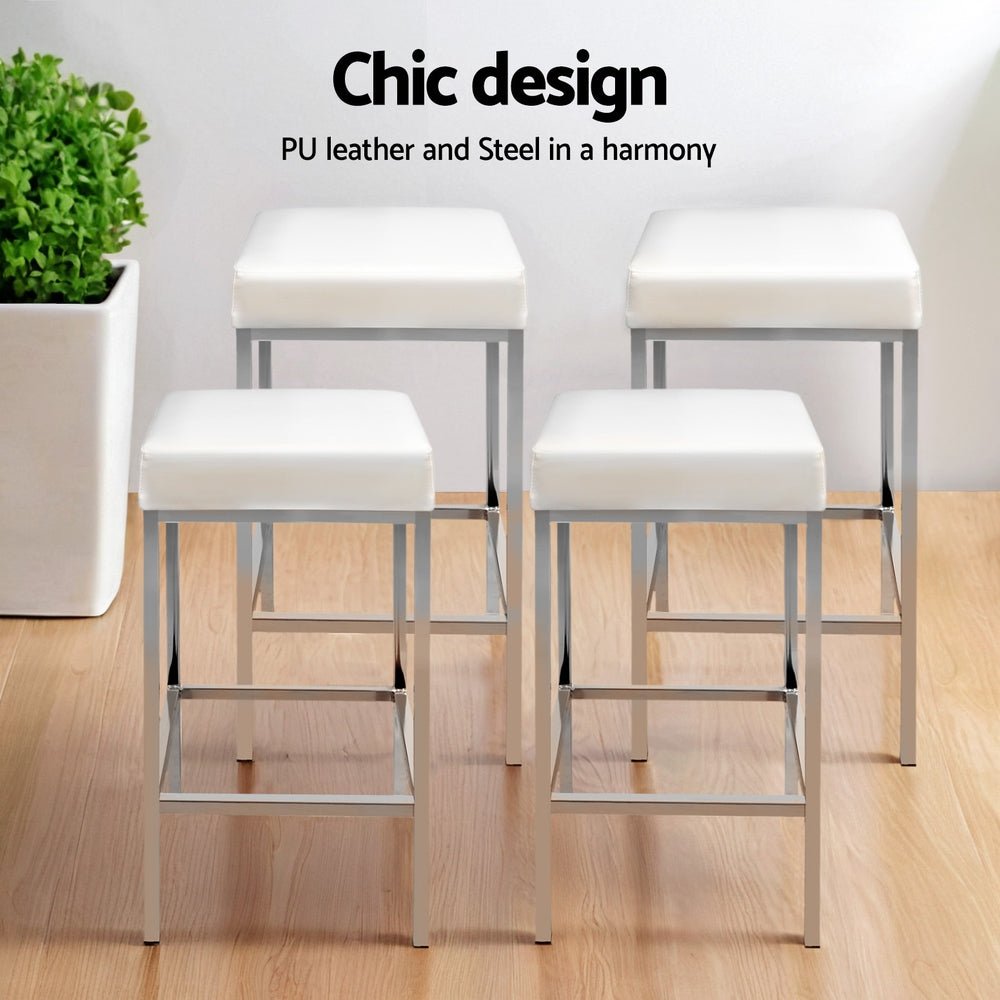 4x Bar Stools Leather Padded Metal White - Furniture > Bar Stools & Chairs > Table & Bar Stools - Rivercity House & Home Co. (ABN 18 642 972 209) - Affordable Modern Furniture Australia