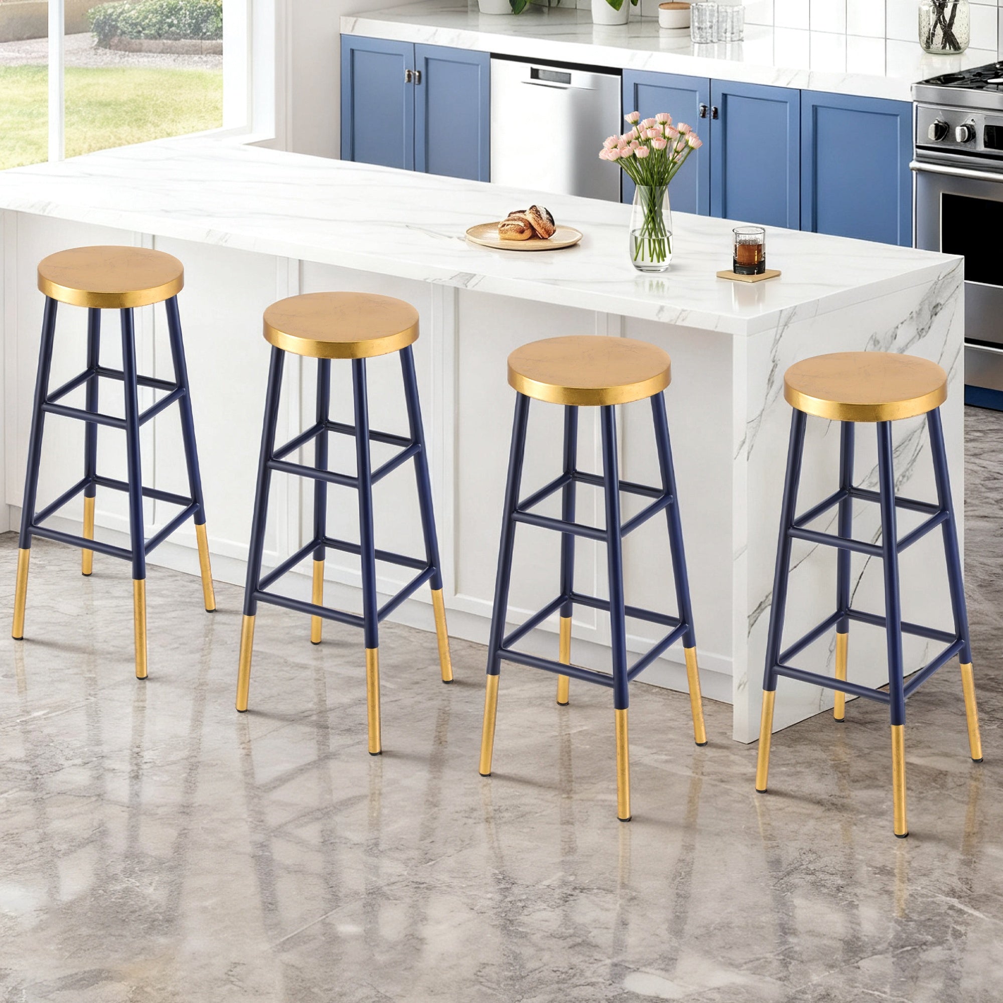 4x Bar Stools Metal Gold Navy - Furniture > Bar Stools & Chairs > Table & Bar Stools - Rivercity House & Home Co. (ABN 18 642 972 209) - Affordable Modern Furniture Australia