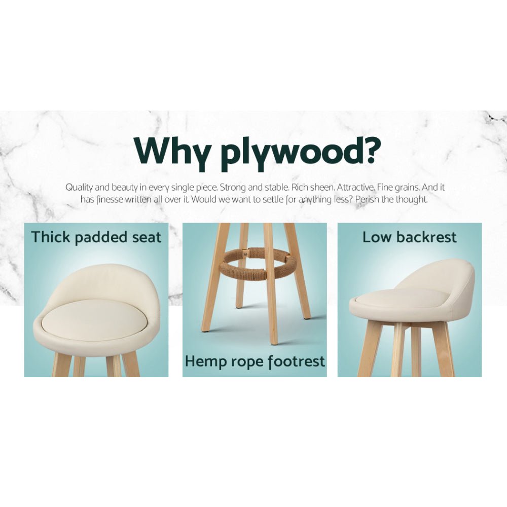 4x Bar Stools Padded Leather Wooden Beige - Furniture > Bar Stools & Chairs > Table & Bar Stools - Rivercity House & Home Co. (ABN 18 642 972 209) - Affordable Modern Furniture Australia