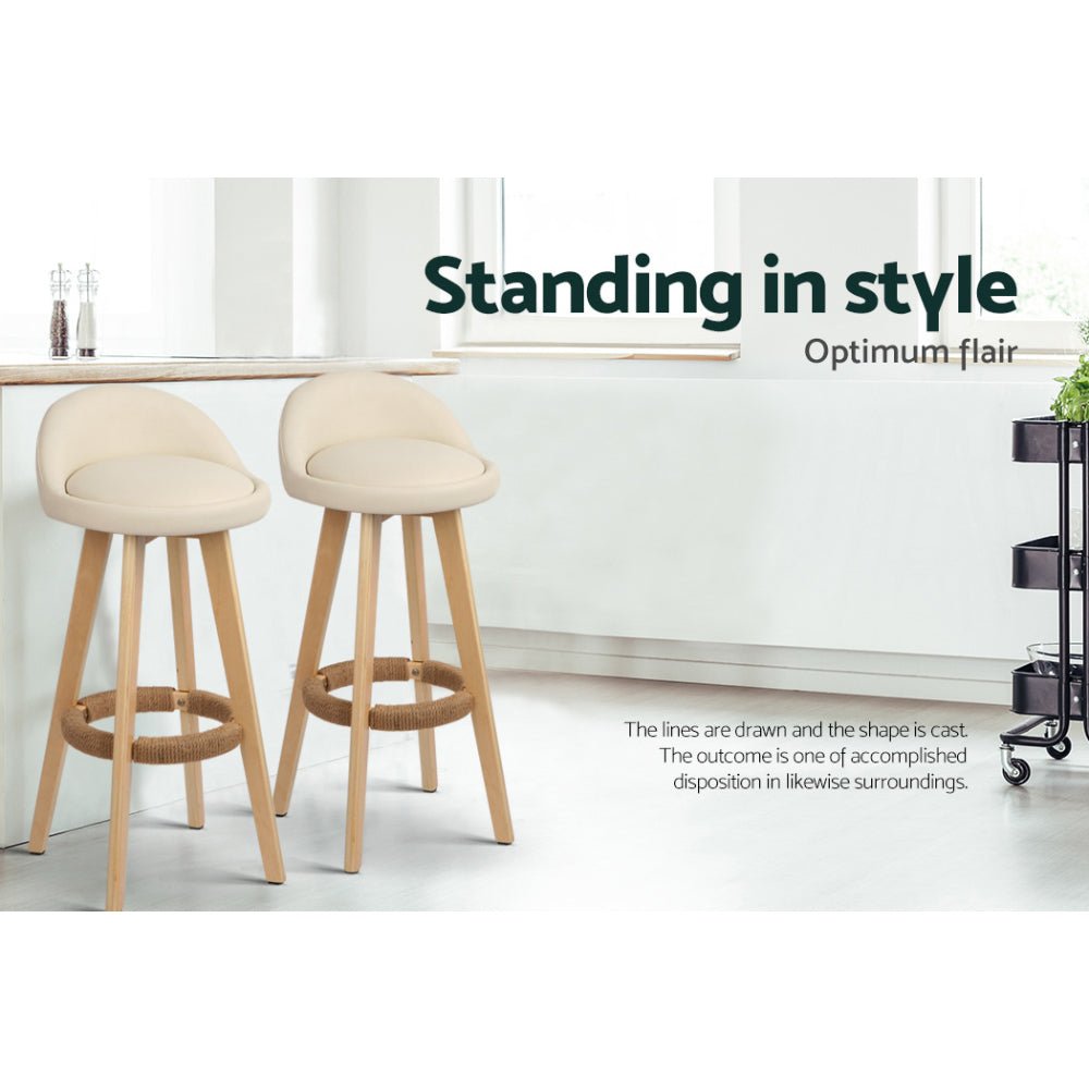 4x Bar Stools Padded Leather Wooden Beige - Furniture > Bar Stools & Chairs > Table & Bar Stools - Rivercity House & Home Co. (ABN 18 642 972 209) - Affordable Modern Furniture Australia