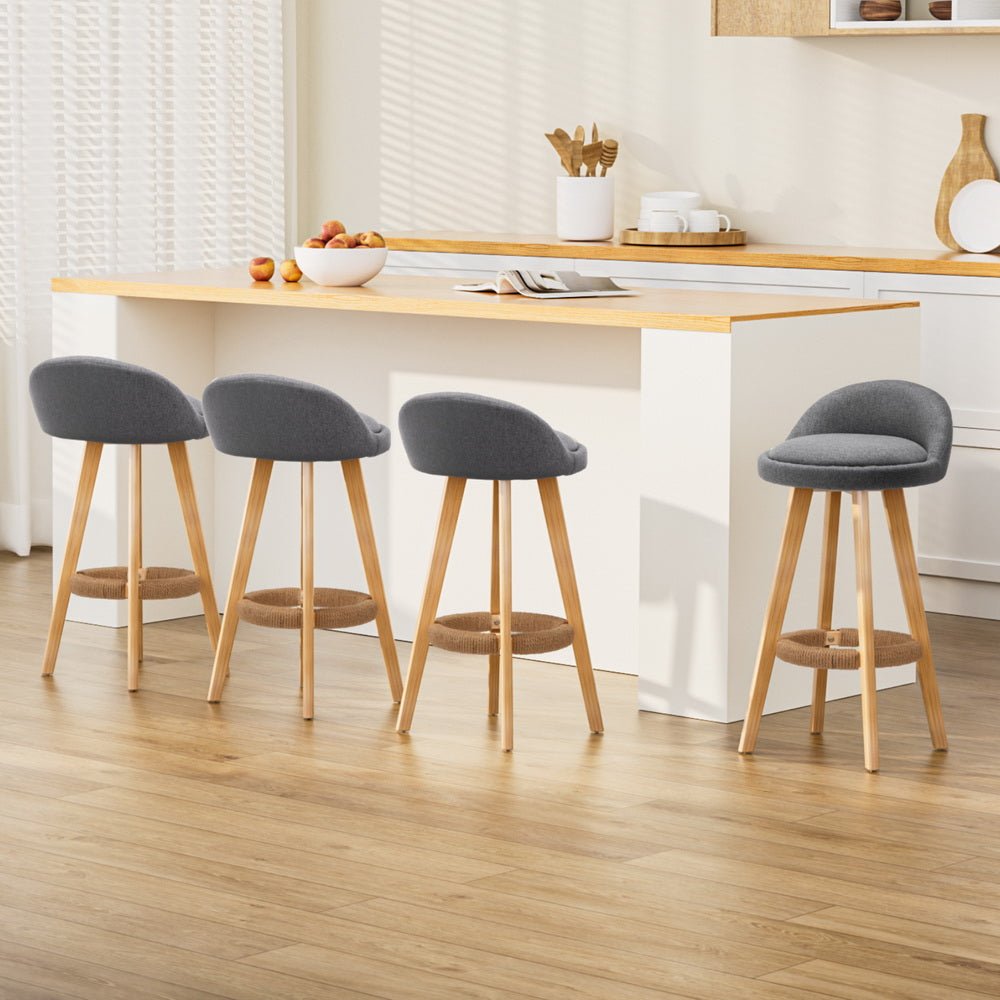 4x Bar Stools Padded Linen Wooden Grey - Furniture > Bar Stools & Chairs > Table & Bar Stools - Rivercity House & Home Co. (ABN 18 642 972 209) - Affordable Modern Furniture Australia
