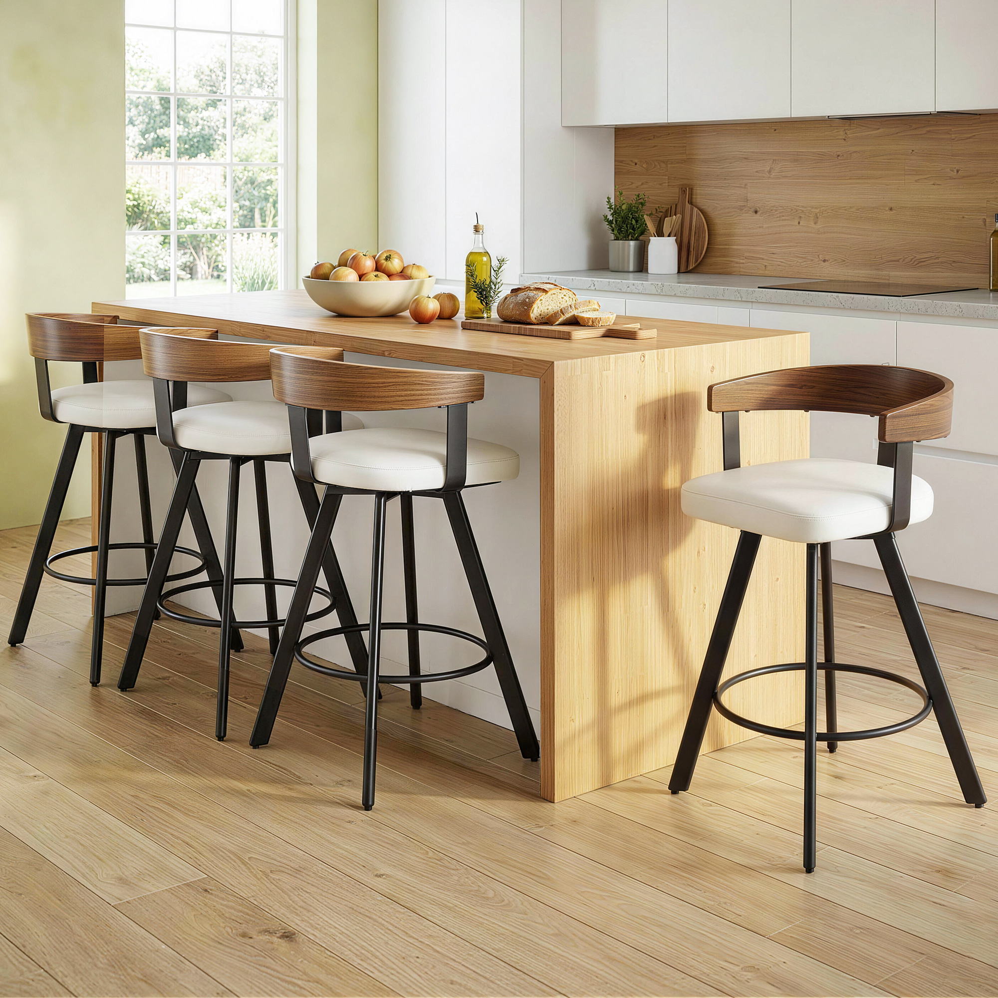 4x Bar Stools Swivel Kitchen Chairs Metal Legs Bentwood Counter White PU - Furniture > Bar Stools & Chairs > Table & Bar Stools - Rivercity House & Home Co. (ABN 18 642 972 209) - Affordable Modern Furniture Australia