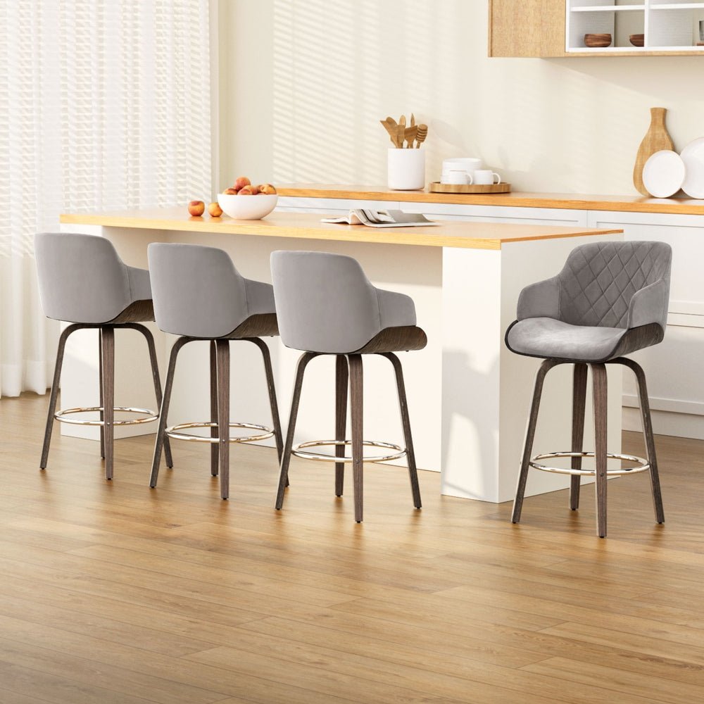 4x Bar Stools Swivel Velvet Padded Wooden - Furniture > Bar Stools & Chairs > Table & Bar Stools - Rivercity House & Home Co. (ABN 18 642 972 209) - Affordable Modern Furniture Australia