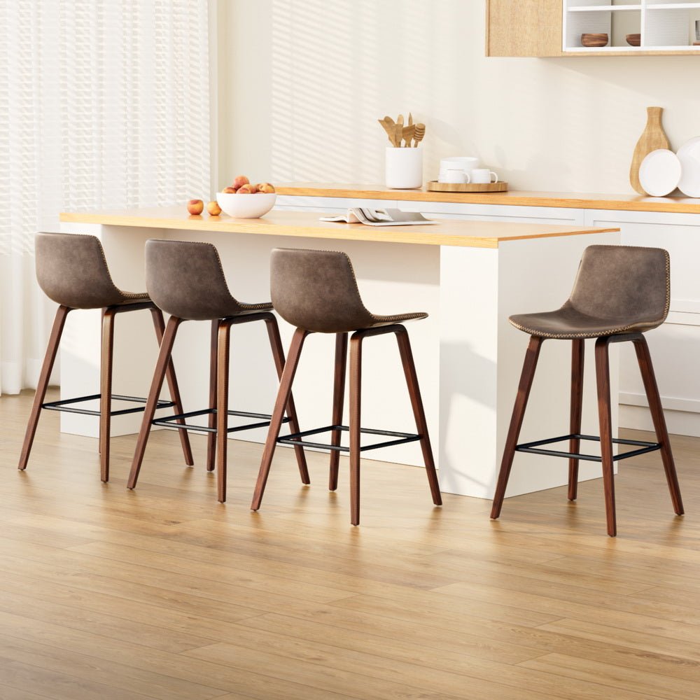4x Bar Stools Vintage Leather Wooden - Furniture > Bar Stools & Chairs > Table & Bar Stools - Rivercity House & Home Co. (ABN 18 642 972 209) - Affordable Modern Furniture Australia