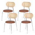 Set of 4 PU Leather Rattan Dining Chairs with Metal Legs - Brown
